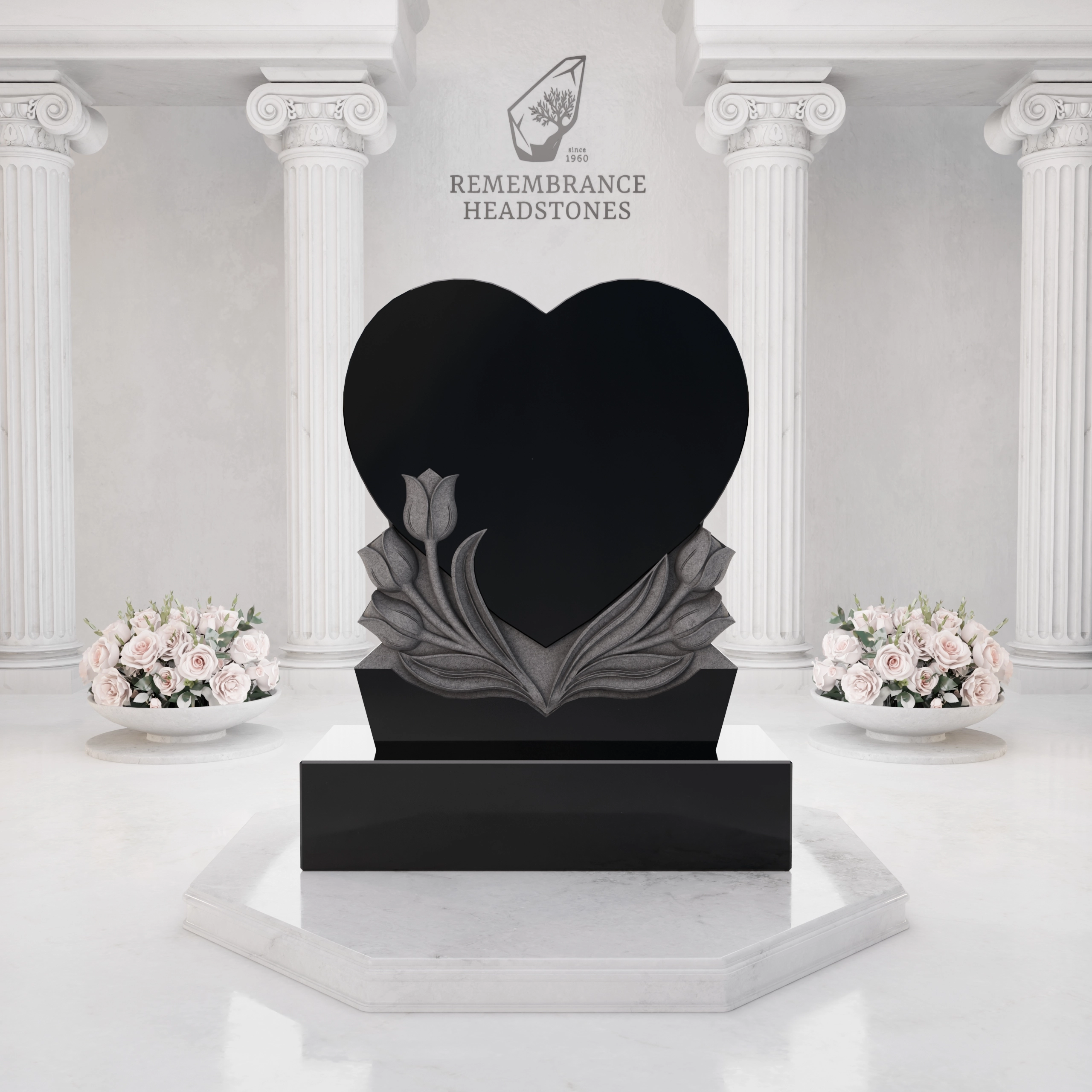 Premium Heart Shape Memorial with Sculpted Tulips & Portrait Medallion view 3