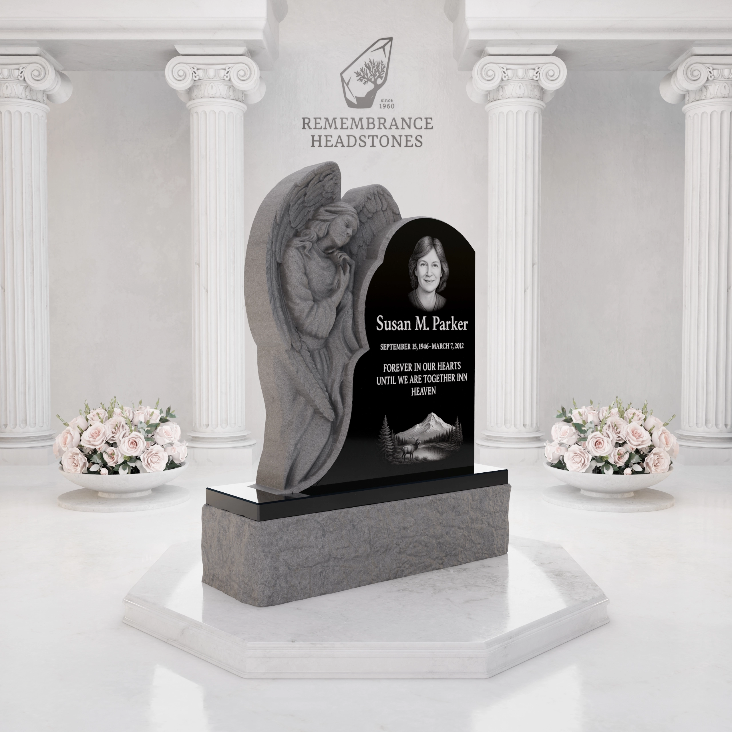 Premium Custom Granite Headstone — Angel Embrace with Asymmetric Arch view 2