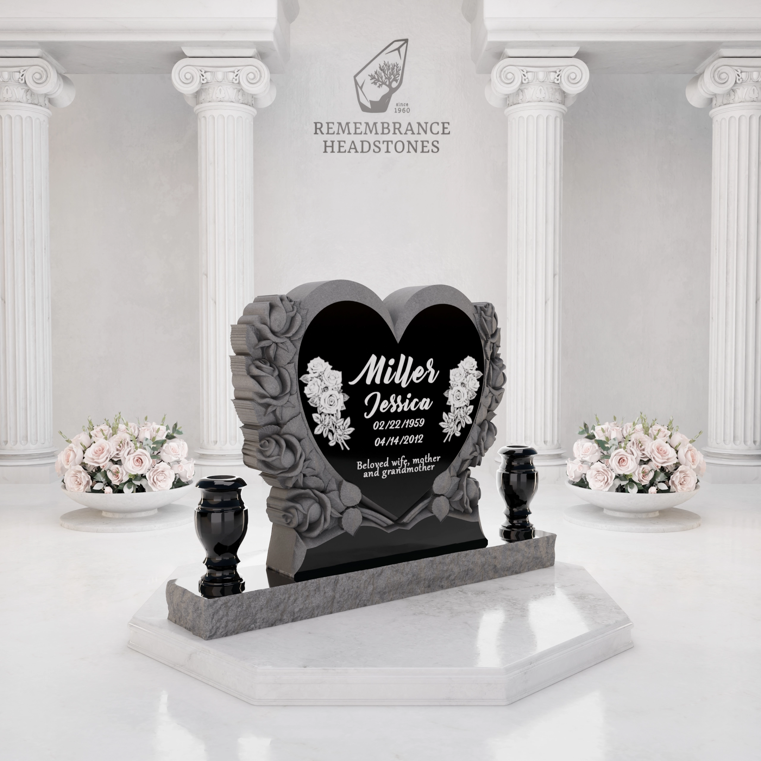 Luxury Heart-Shaped Granite Monument — Carved Rose Garland view 2