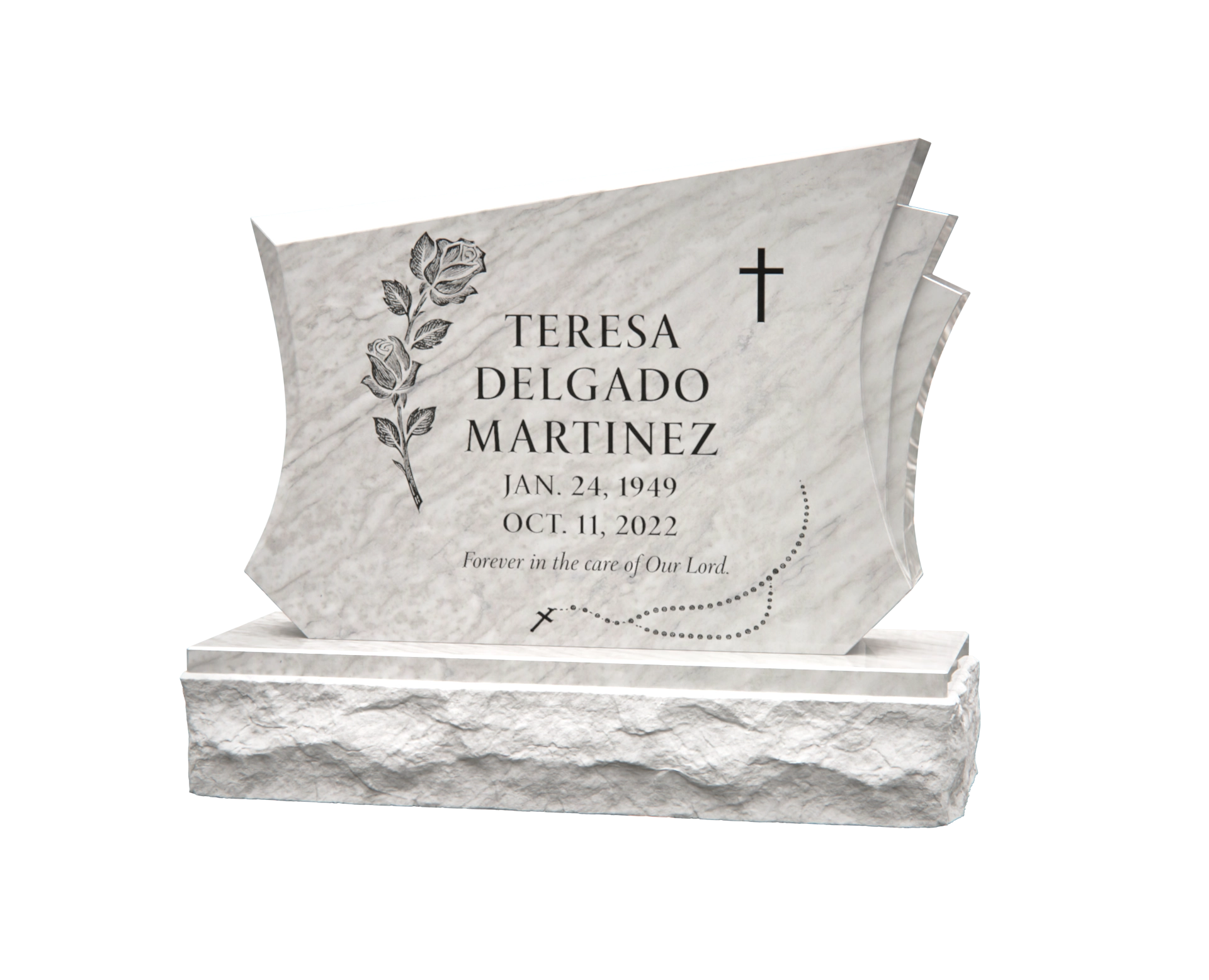 Premium Upright Granite Headstone — Layered Pages with Cross & Rose