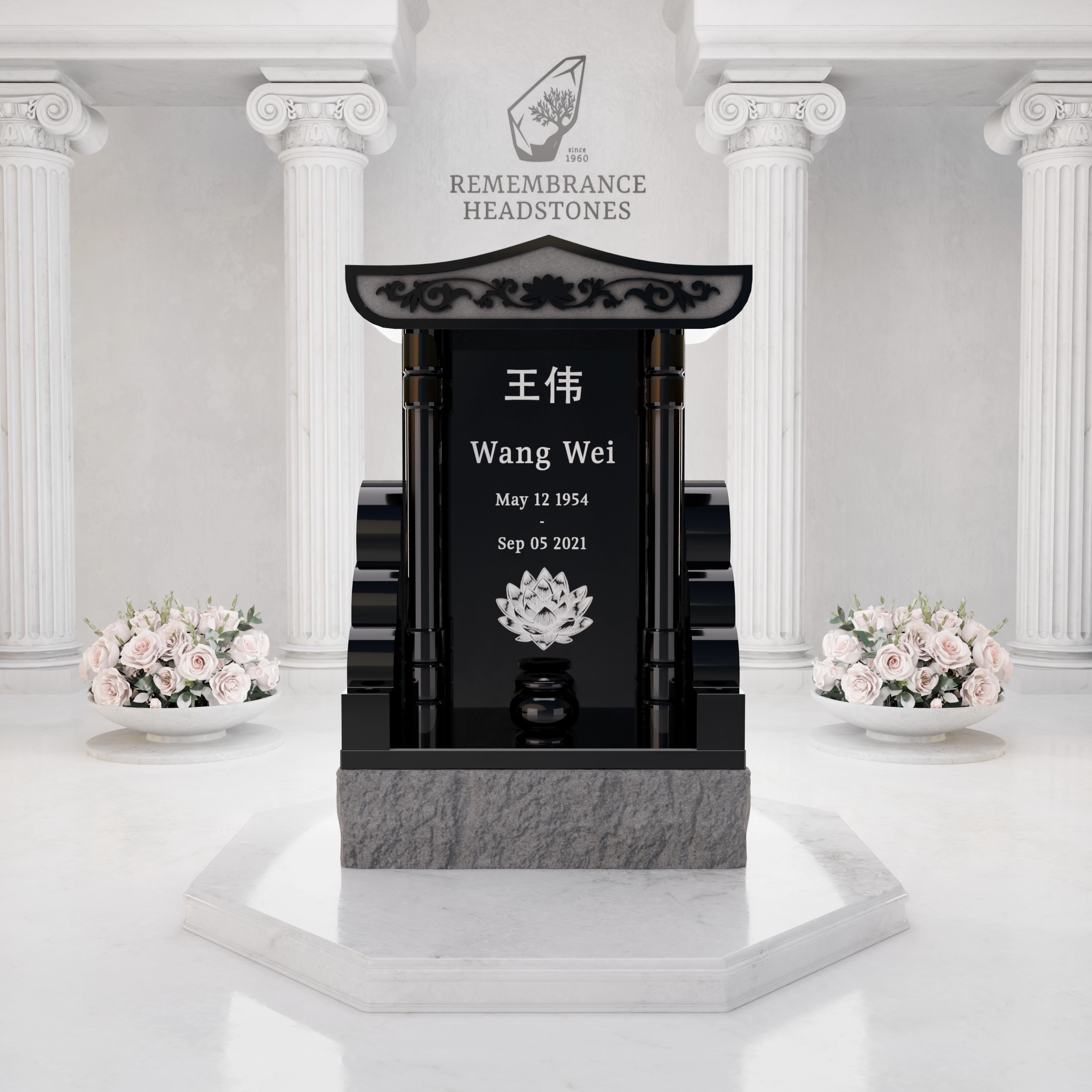 Lux Pagoda-Top Upright Granite Headstone with Columns & Shrine Niche
