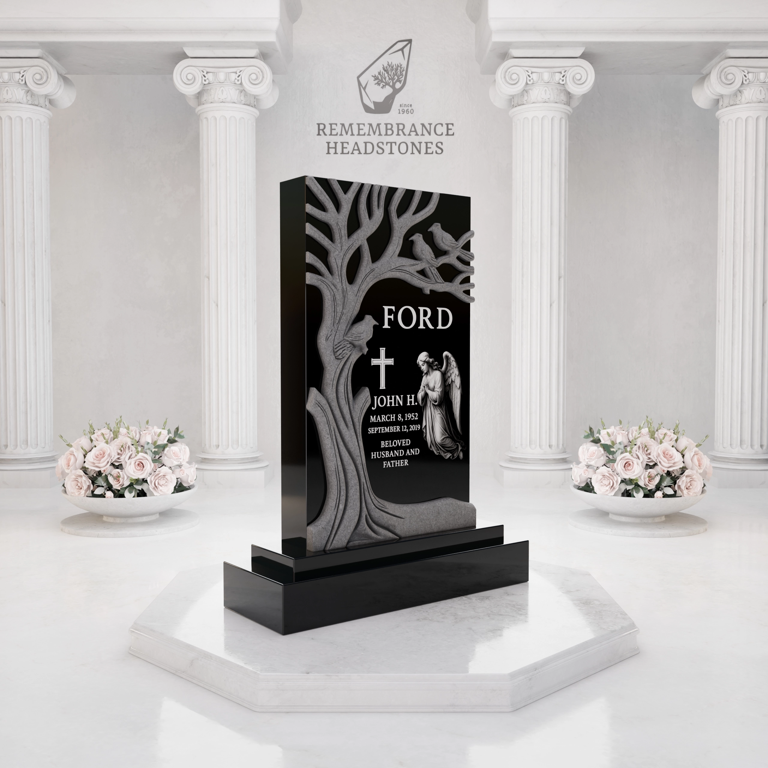 Premium Tree of Life Upright Granite Headstone with Angel & Birds view 2