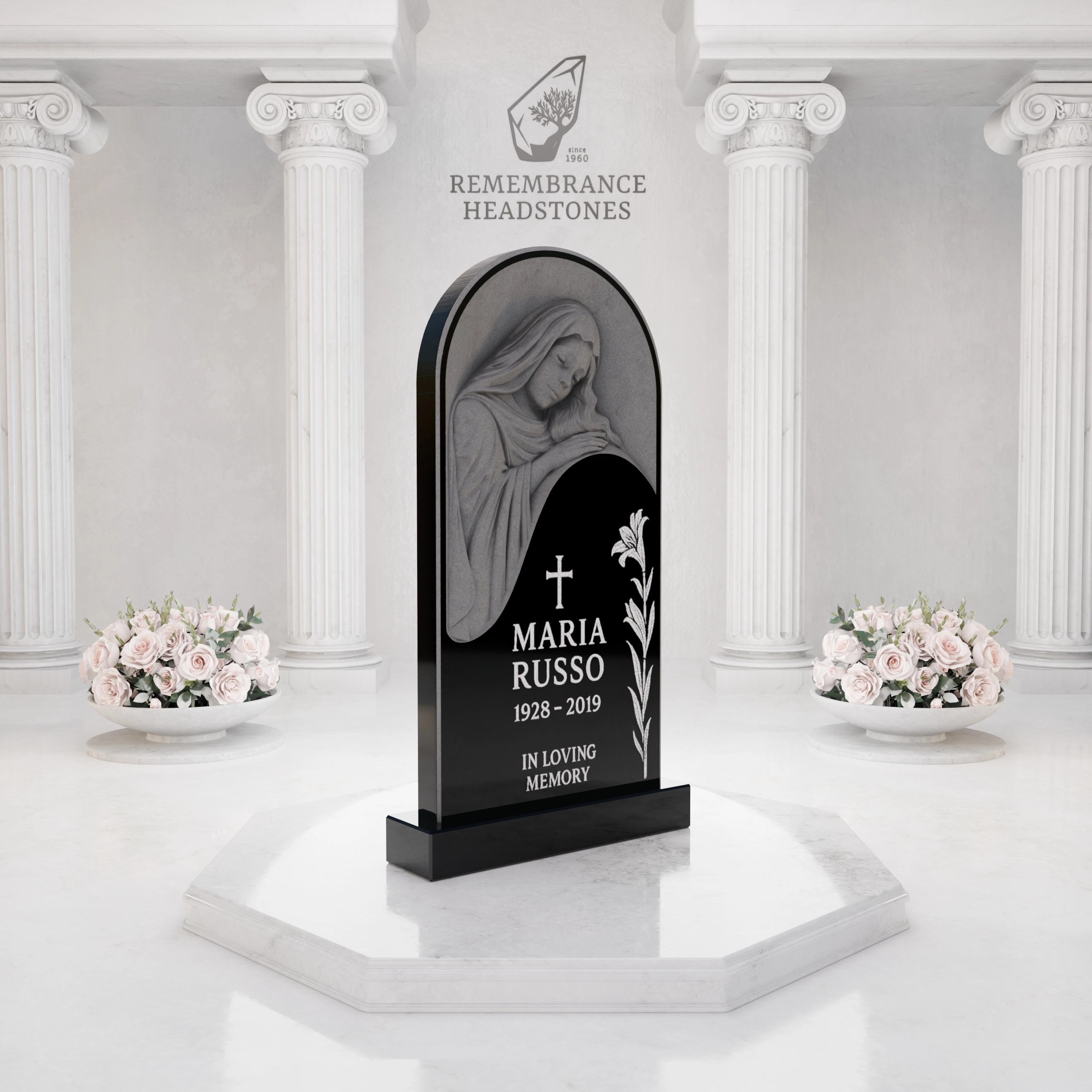 Luxury Upright Granite Monument — Arched Madonna view 2