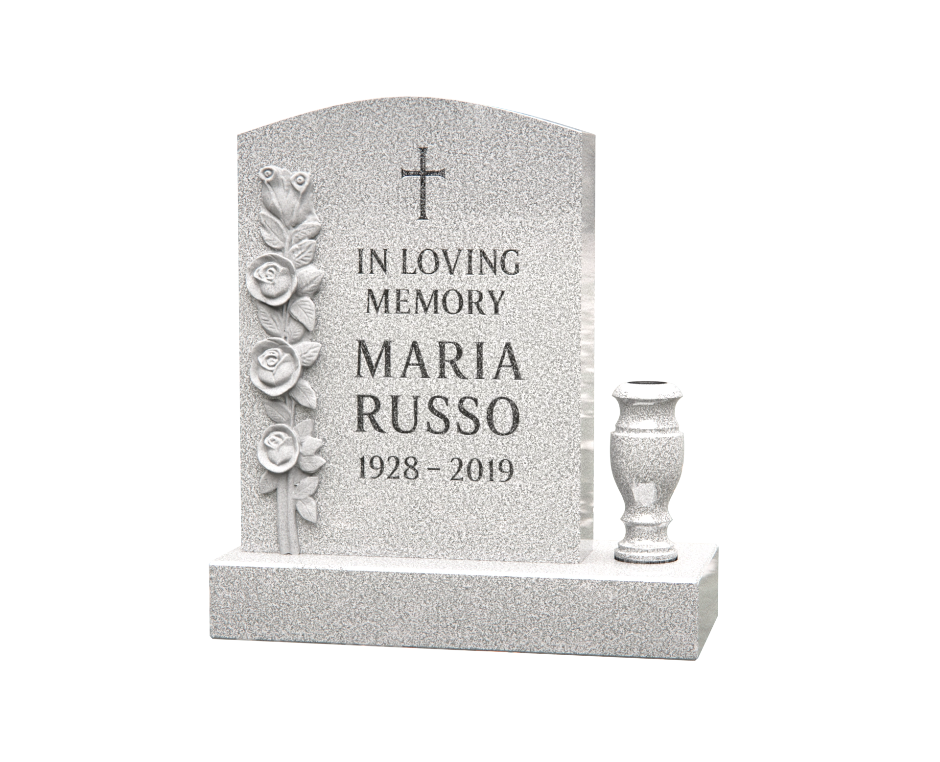 Luxury Upright Granite Headstone with Cross, Carved Roses & Vase