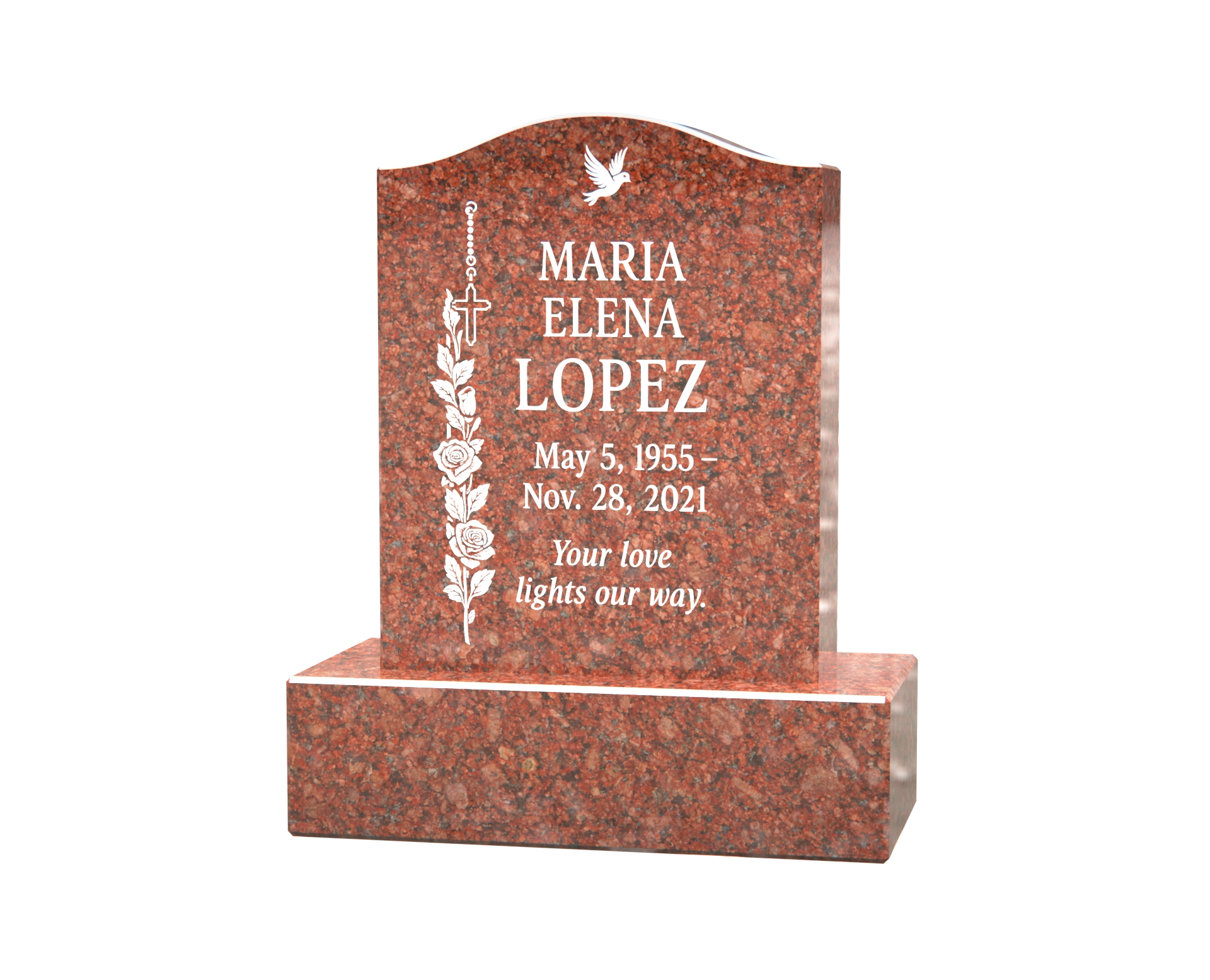 Luxury Upright Granite Headstone with Rosary Cross, Dove & Rose Carving