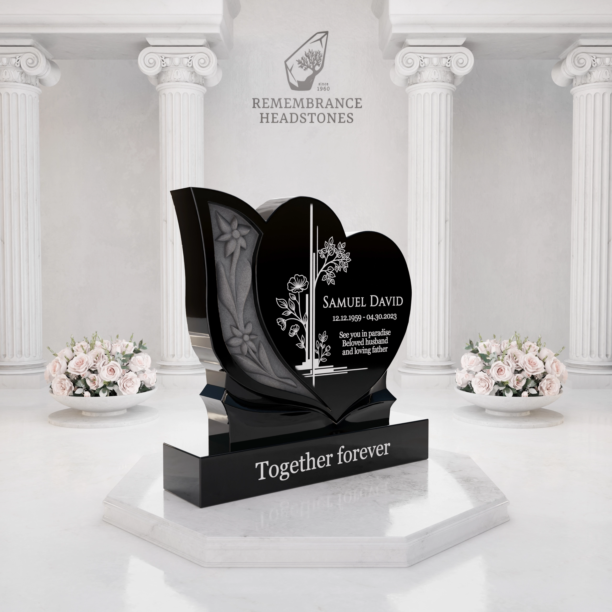 Luxury Floral Heart Granite Headstone view 2