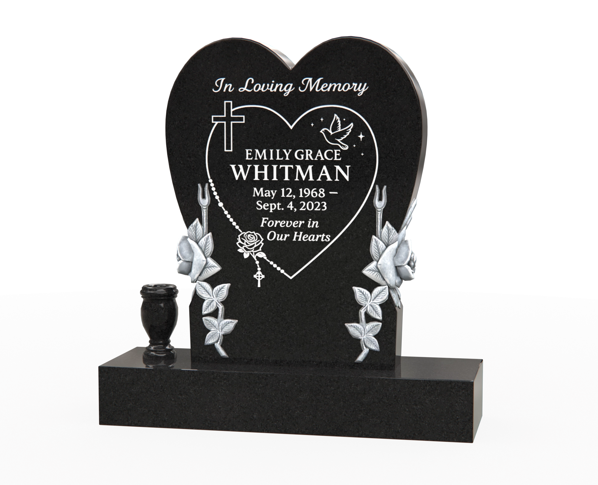 Luxury Heart-Shaped Granite Headstone — Carved Rose Vines, Cross, Dove & Rosary
