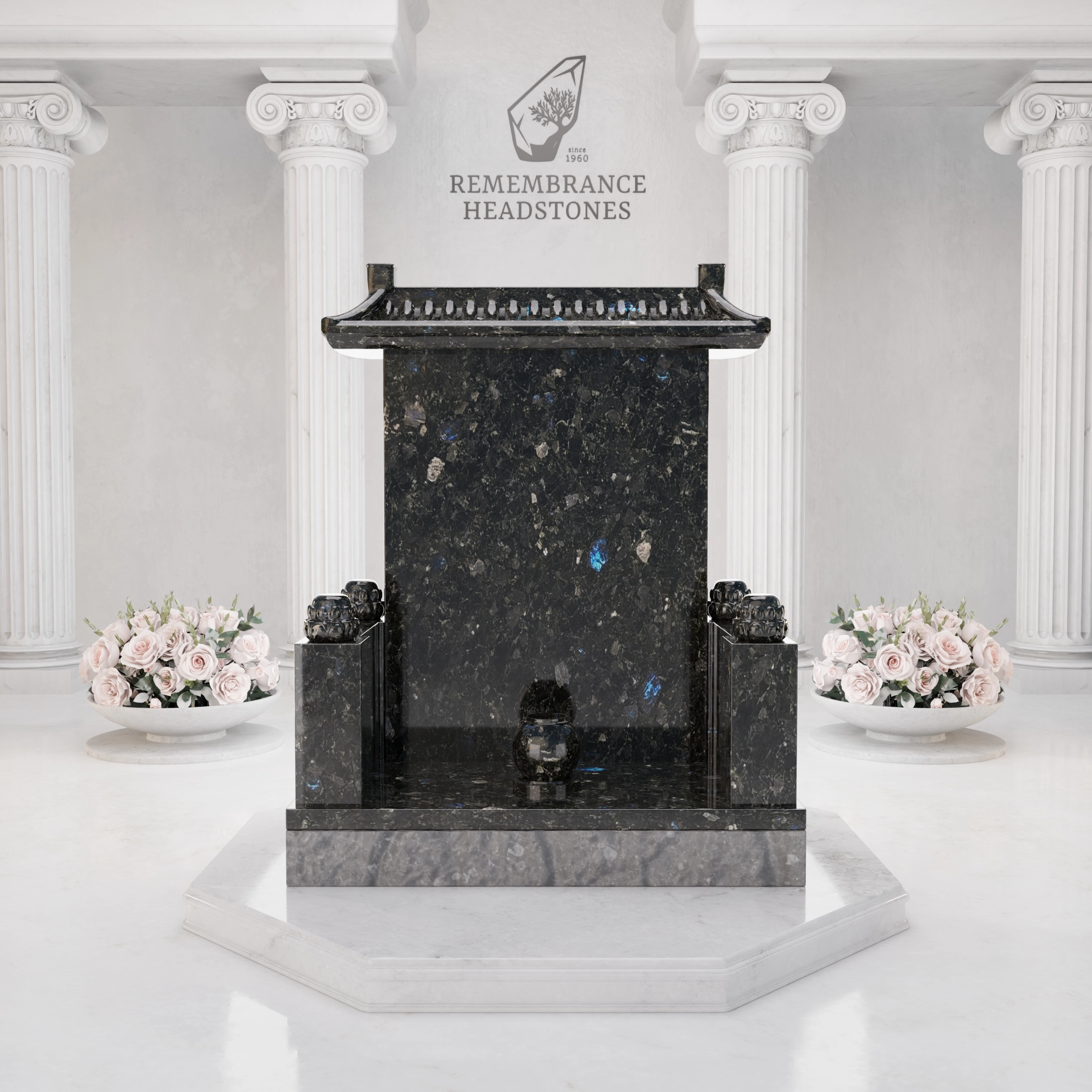 Luxury Asian Temple Roof Granite Memorial with Lotus Vase view 3