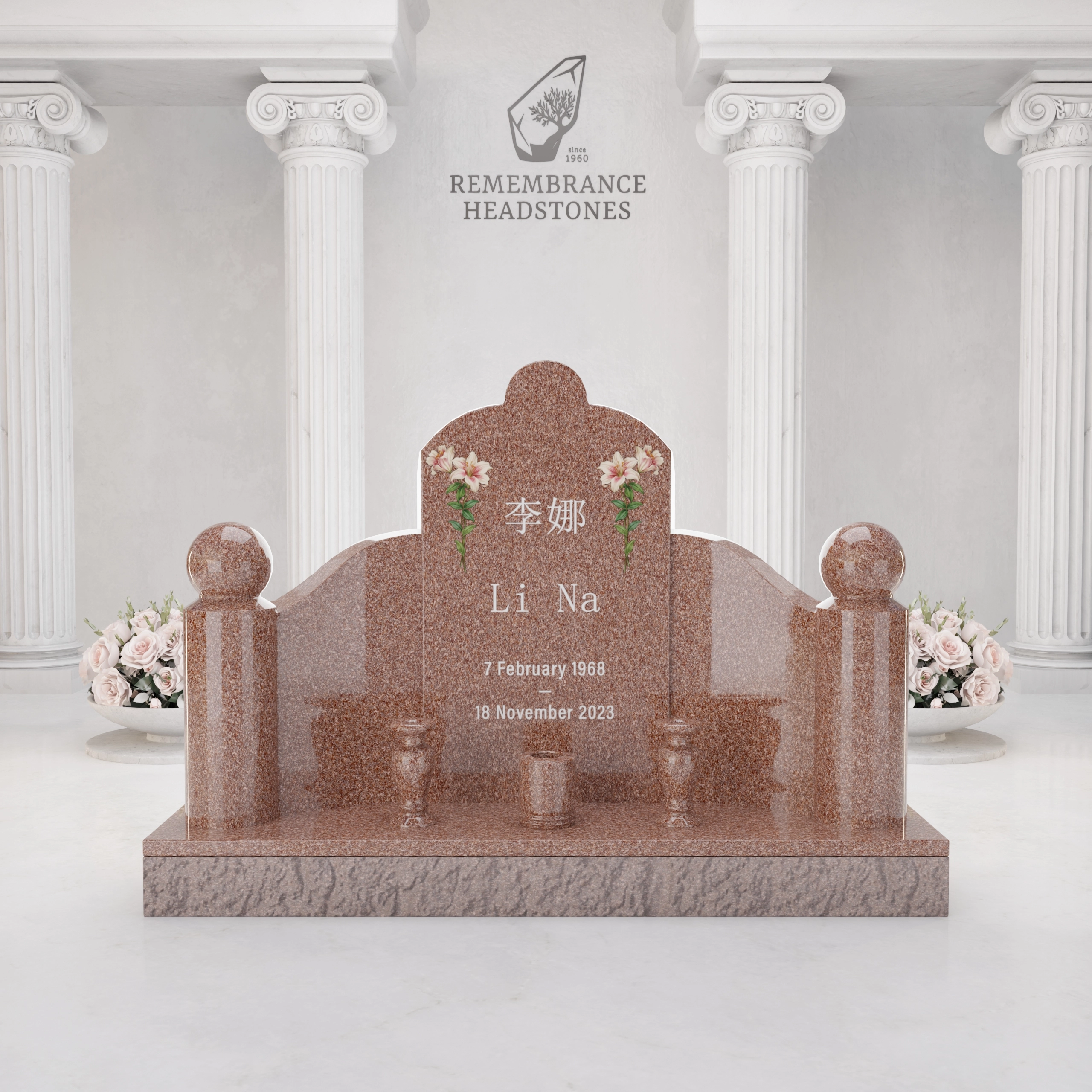 Luxury Asian Family Granite Memorial with Decorative Rail & Lantern Vases