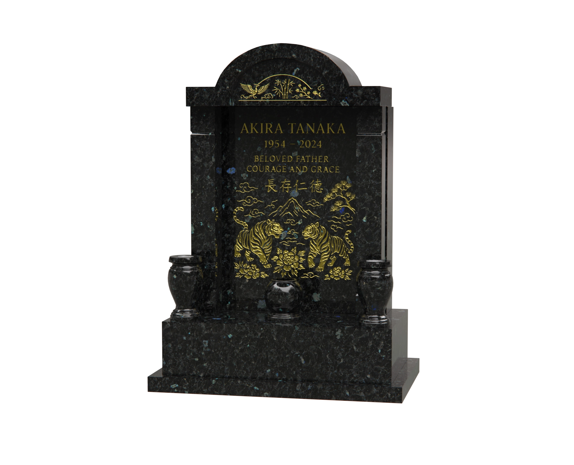 Lux Arched Shrine Upright Granite Headstone with Columns & Tiger Motif