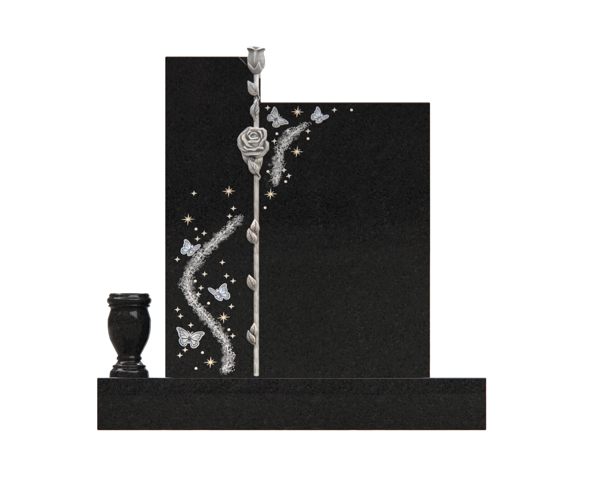 Luxury Upright Granite Headstone with Rose Column, Butterfly Wreath & Crystal Accents view 3