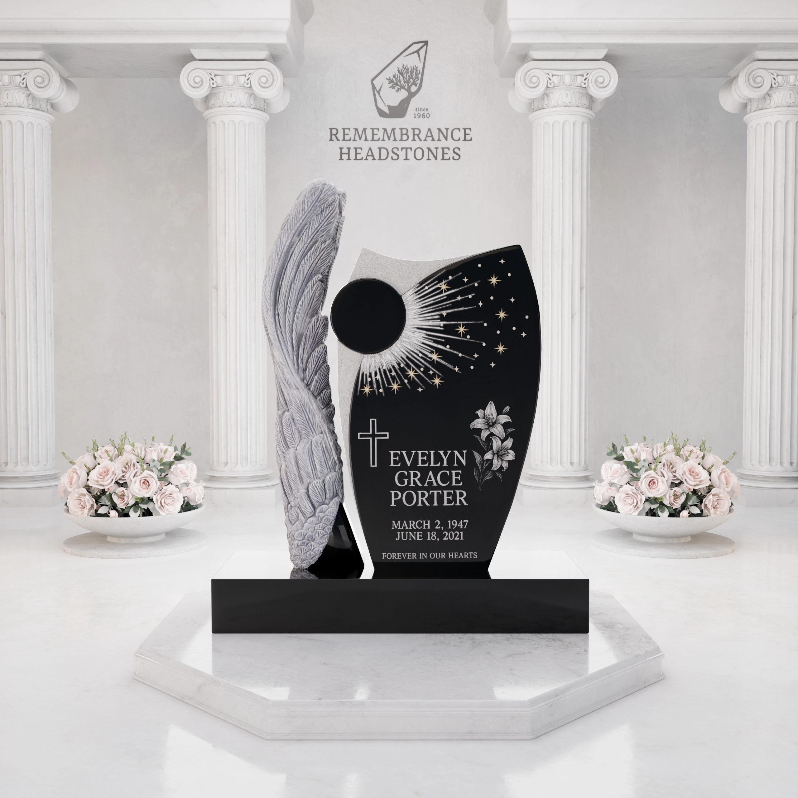 Luxury Upright Monument With Angel Wing, Crystals, and Starburst Design