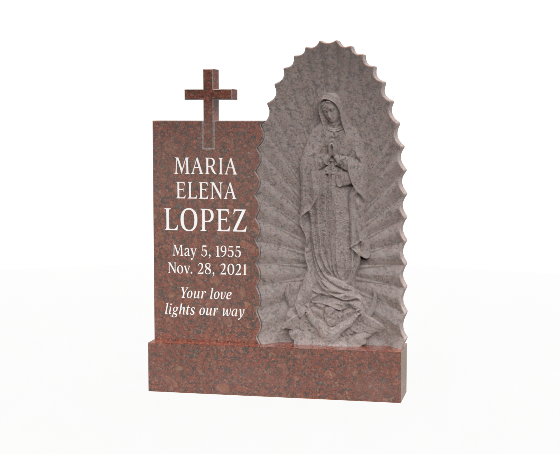 Premium Upright Granite Headstone — Guadalupe Relief & Cross