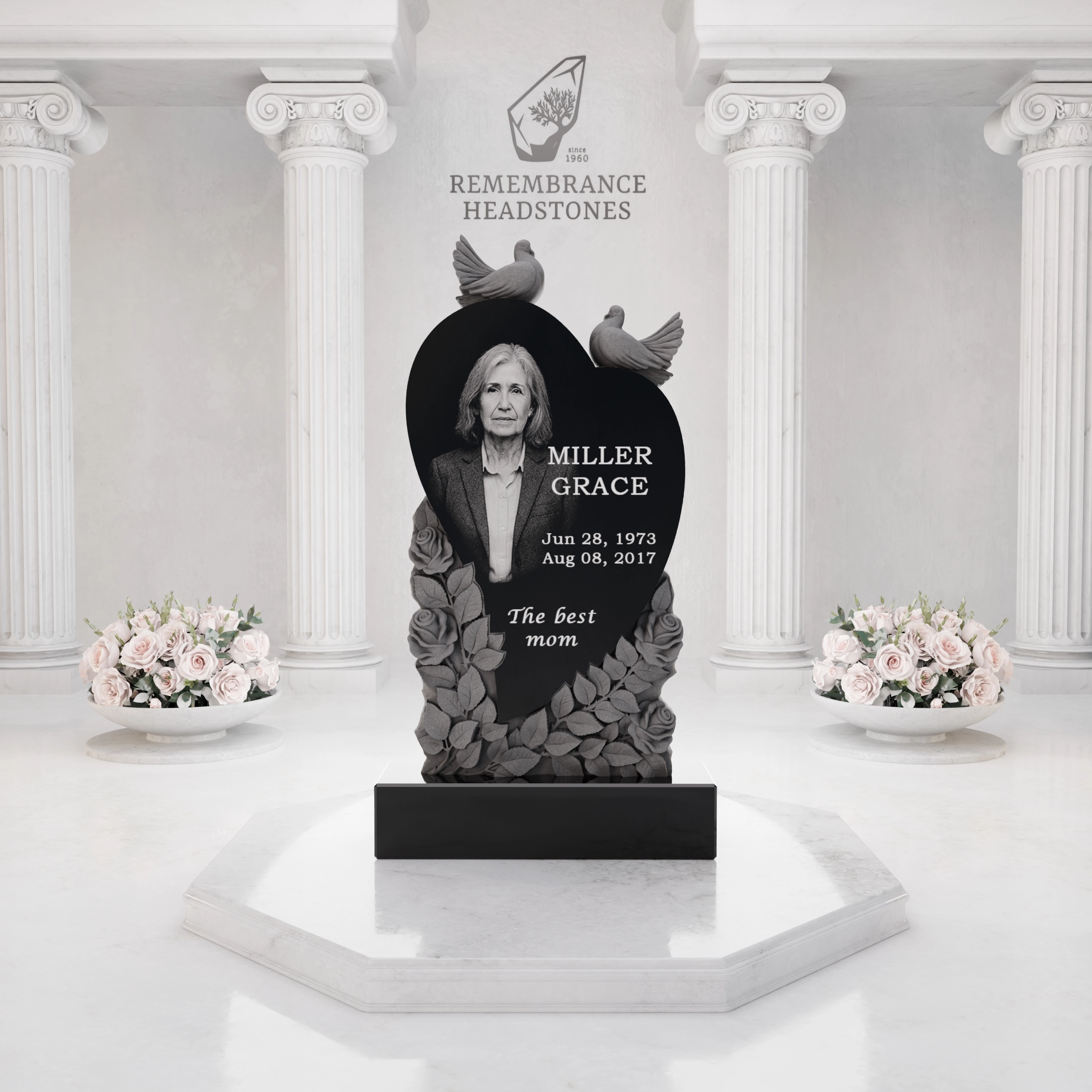Luxury Heart-Shaped Granite Monument — Doves, Rose Garland & Sewing Motif