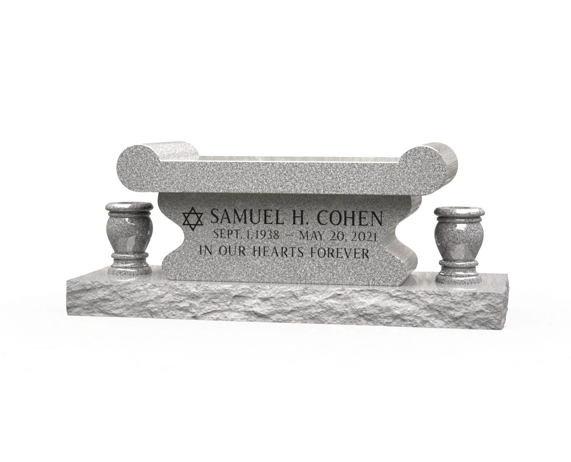 Luxury Jewish Granite Memorial Bench with Rolled Seat & Twin Vases