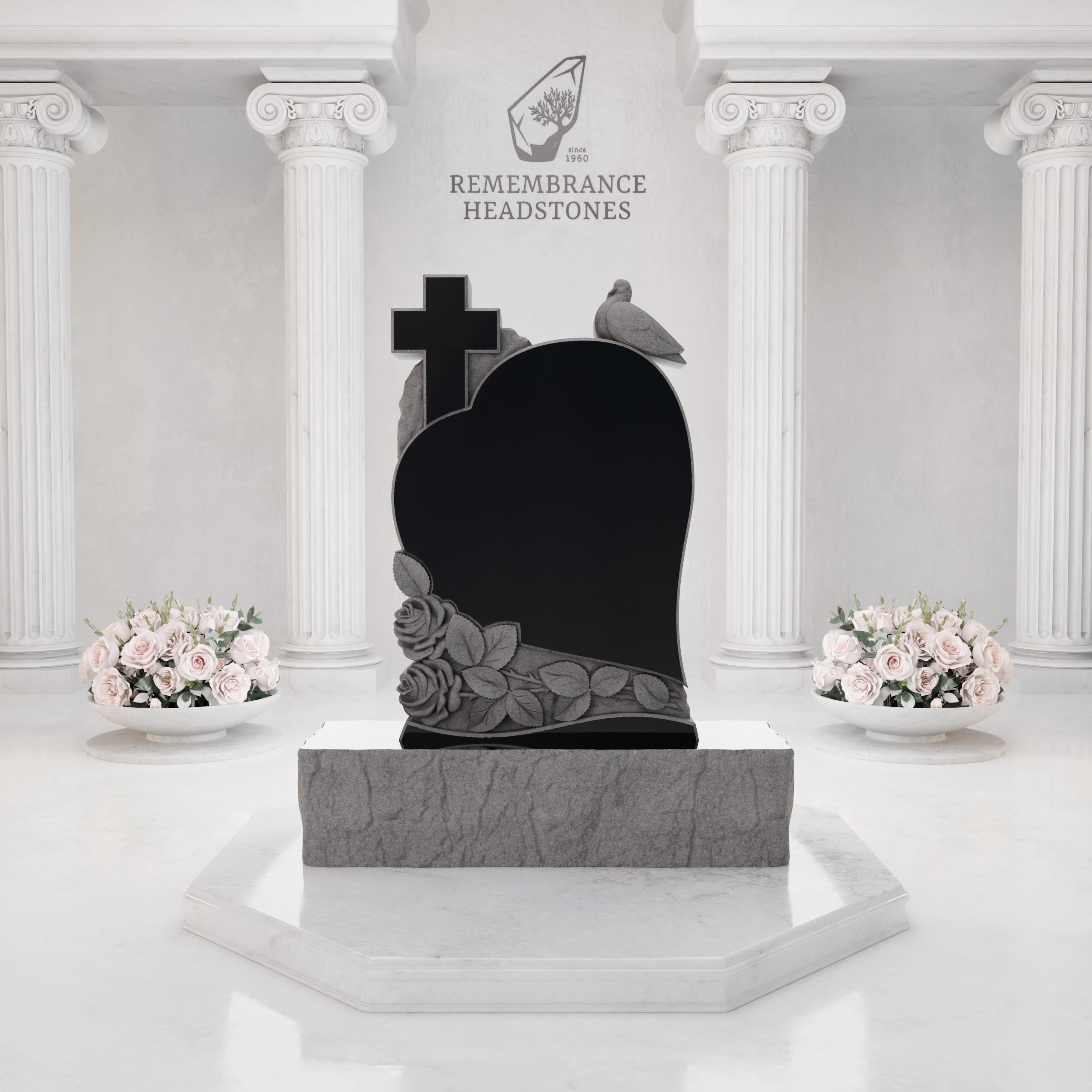 Premium Special-Shape Granite Headstone — Heart Silhouette with Cross, Dove & Roses view 3
