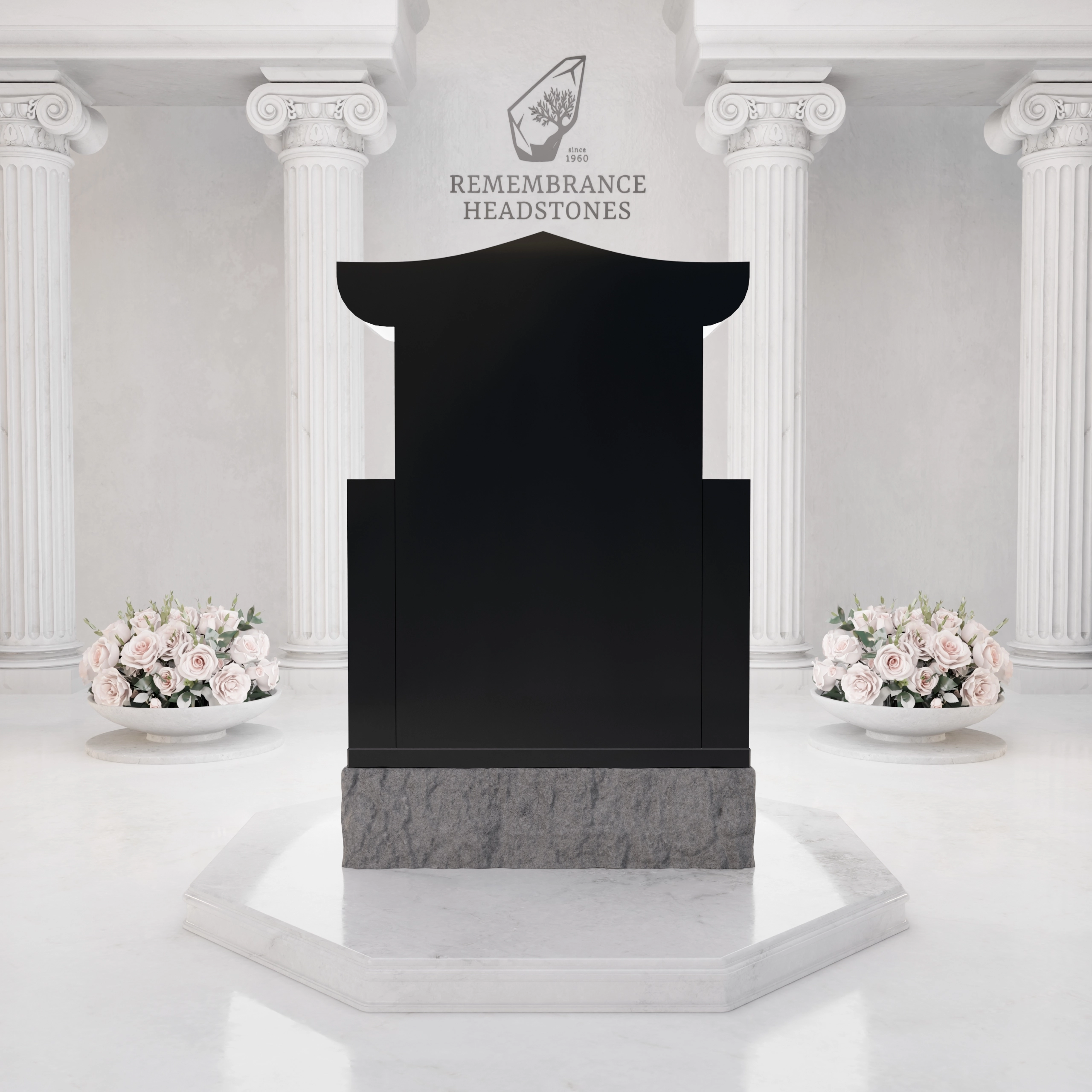 Lux Pagoda-Top Upright Granite Headstone with Columns & Shrine Niche view 4