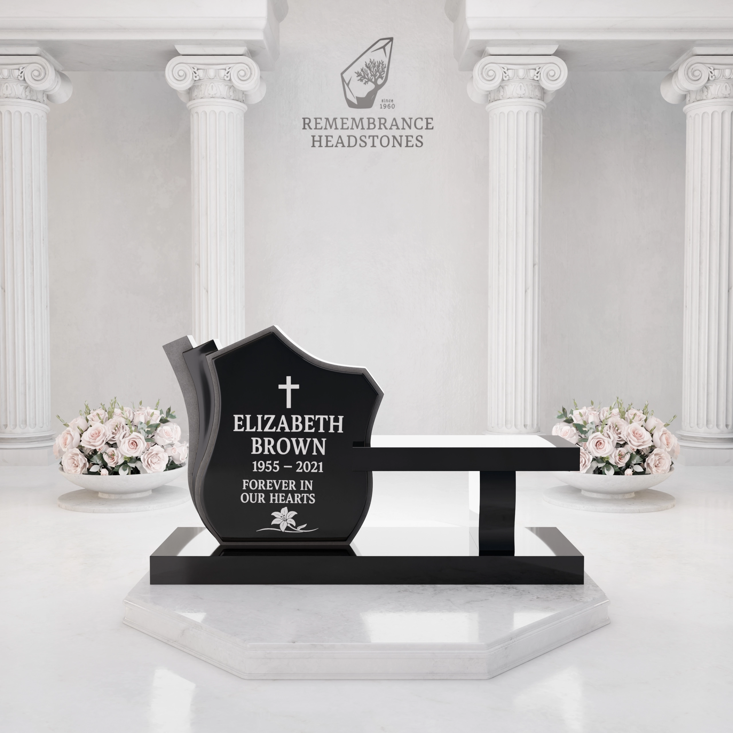 Luxury Granite Memorial Bench with Sculpted Shield Tablet & Floral Engraving
