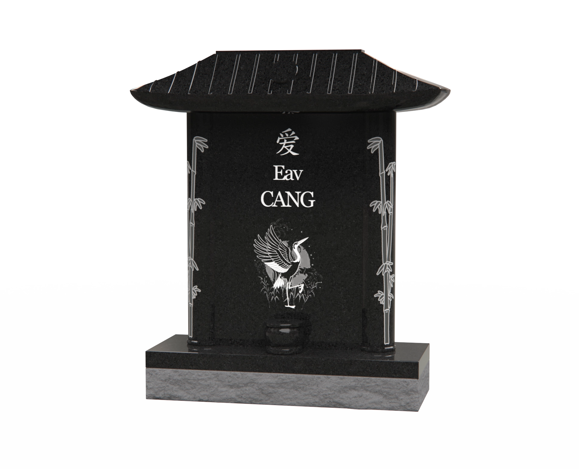 Lux Pagoda-Top Upright Granite Headstone with Crane & Bamboo