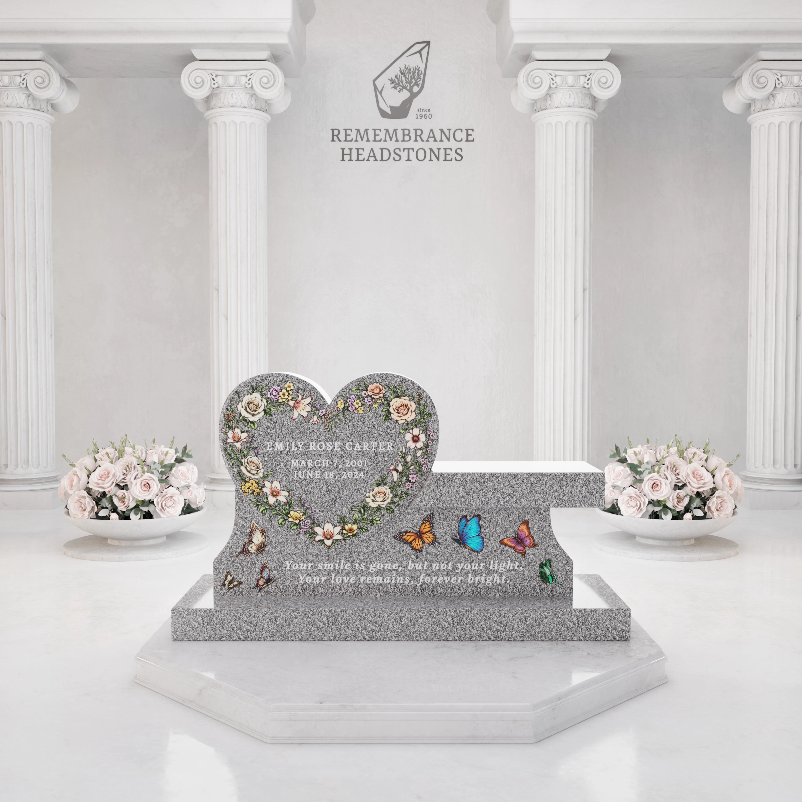 Luxury Heart Companion Granite Bench Memorial with Floral Wreath