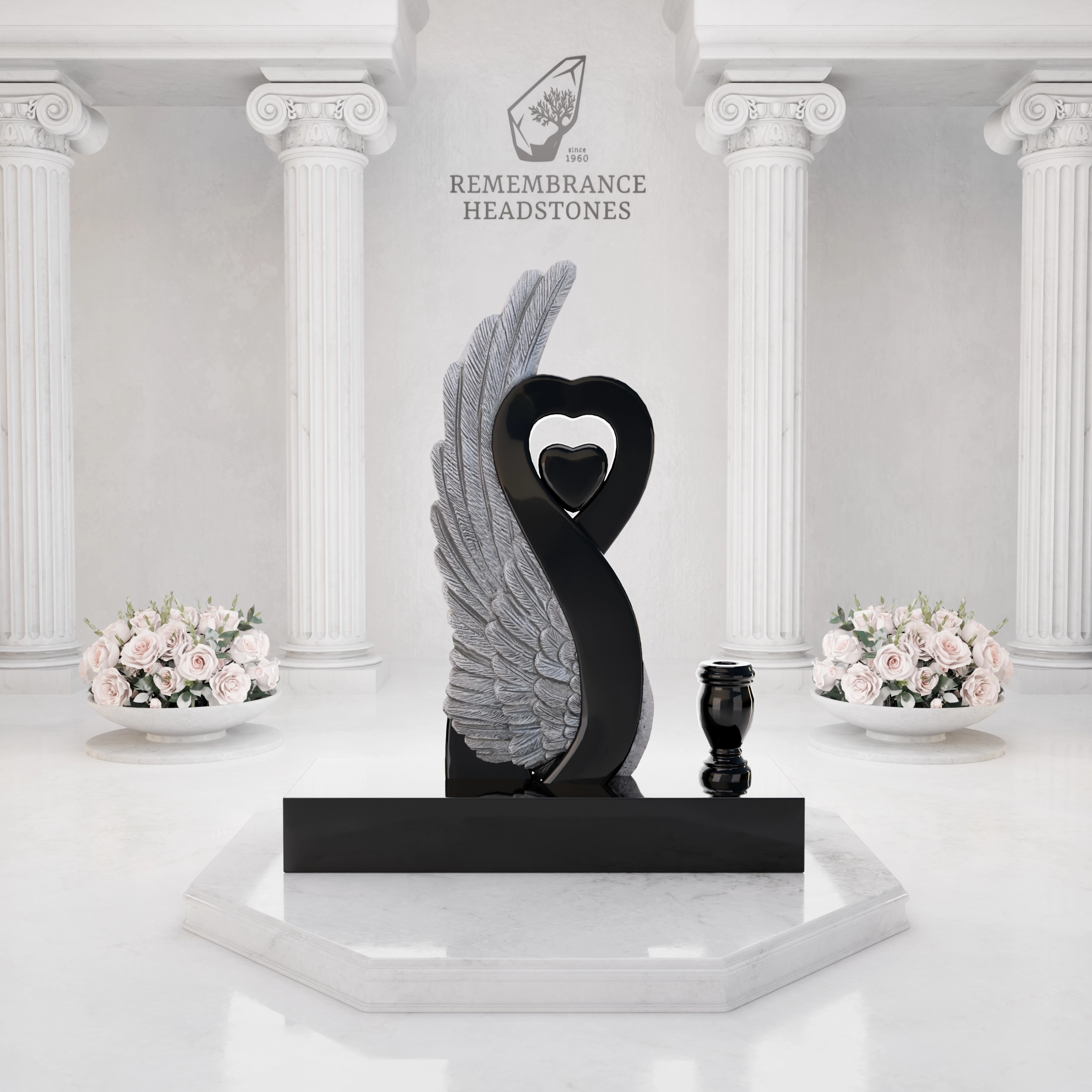 Luxury Special-Shape Granite Headstone — Angel Wing & Heart with Crystal Accents view 5