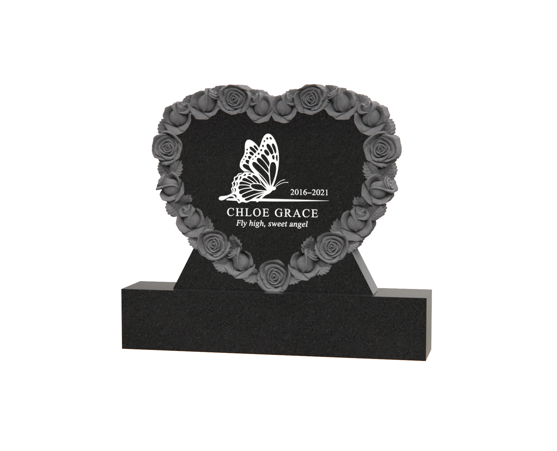 Luxury Heart-Shaped Granite Headstone — Rose Wreath & Butterfly