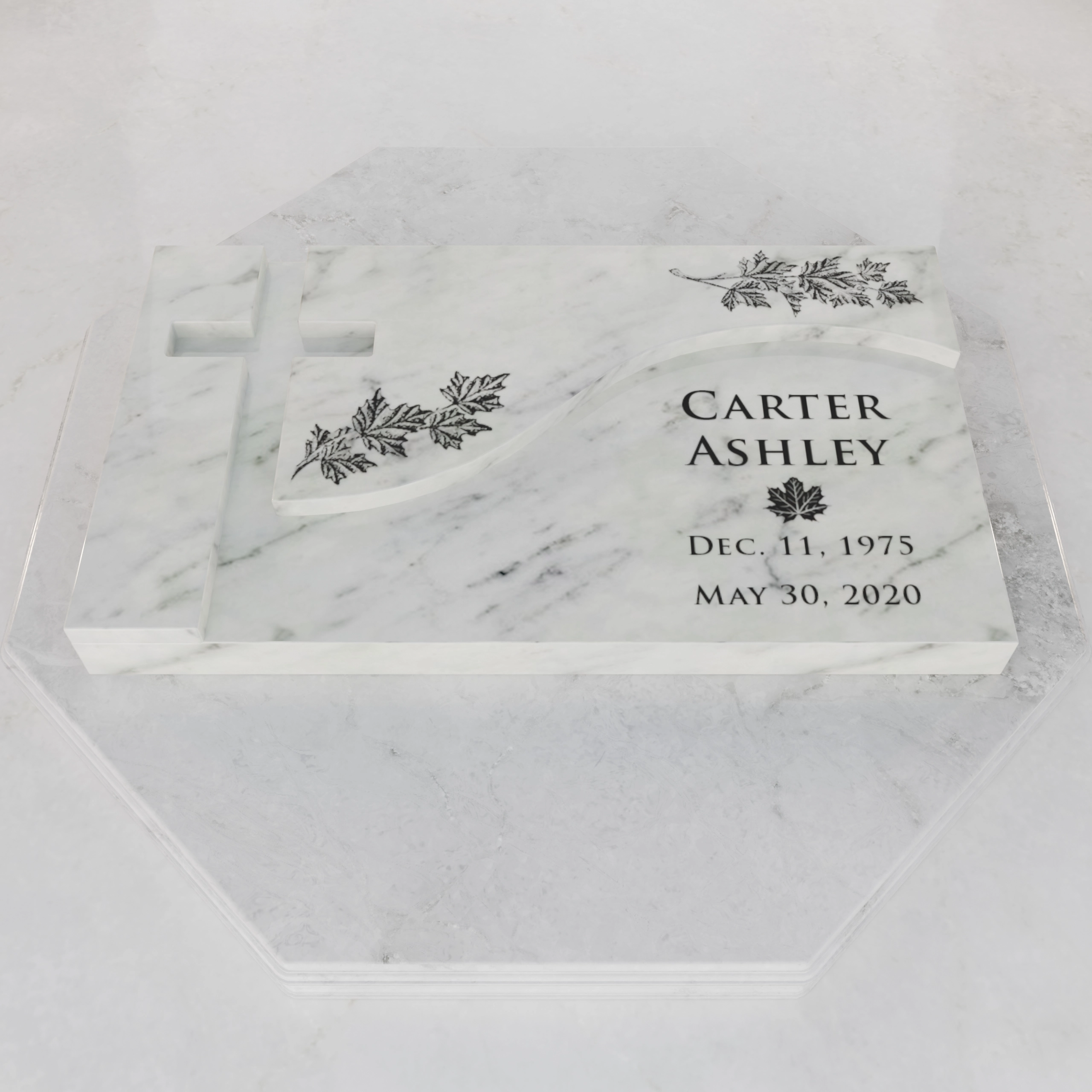 Luxury Maple Leaf Cross Flat Granite Grave Marker view 2