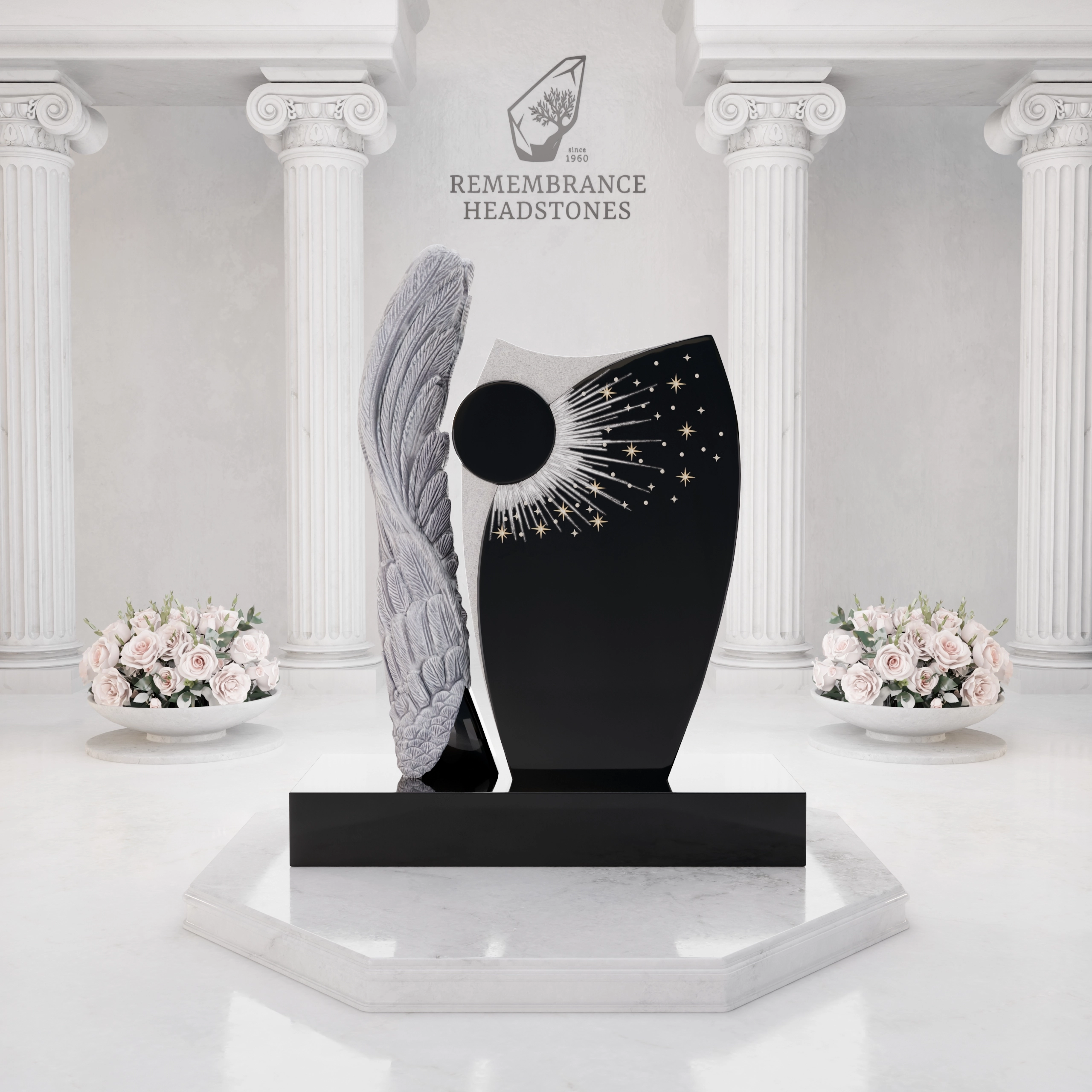 Luxury Upright Monument With Angel Wing, Crystals, and Starburst Design view 3