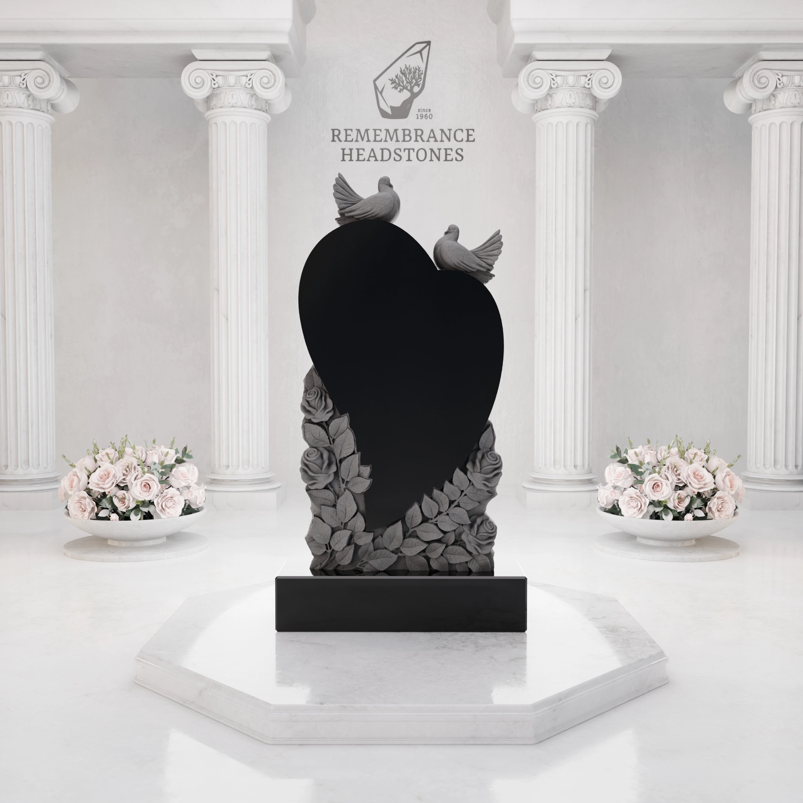 Luxury Heart-Shaped Granite Monument — Doves, Rose Garland & Sewing Motif view 3
