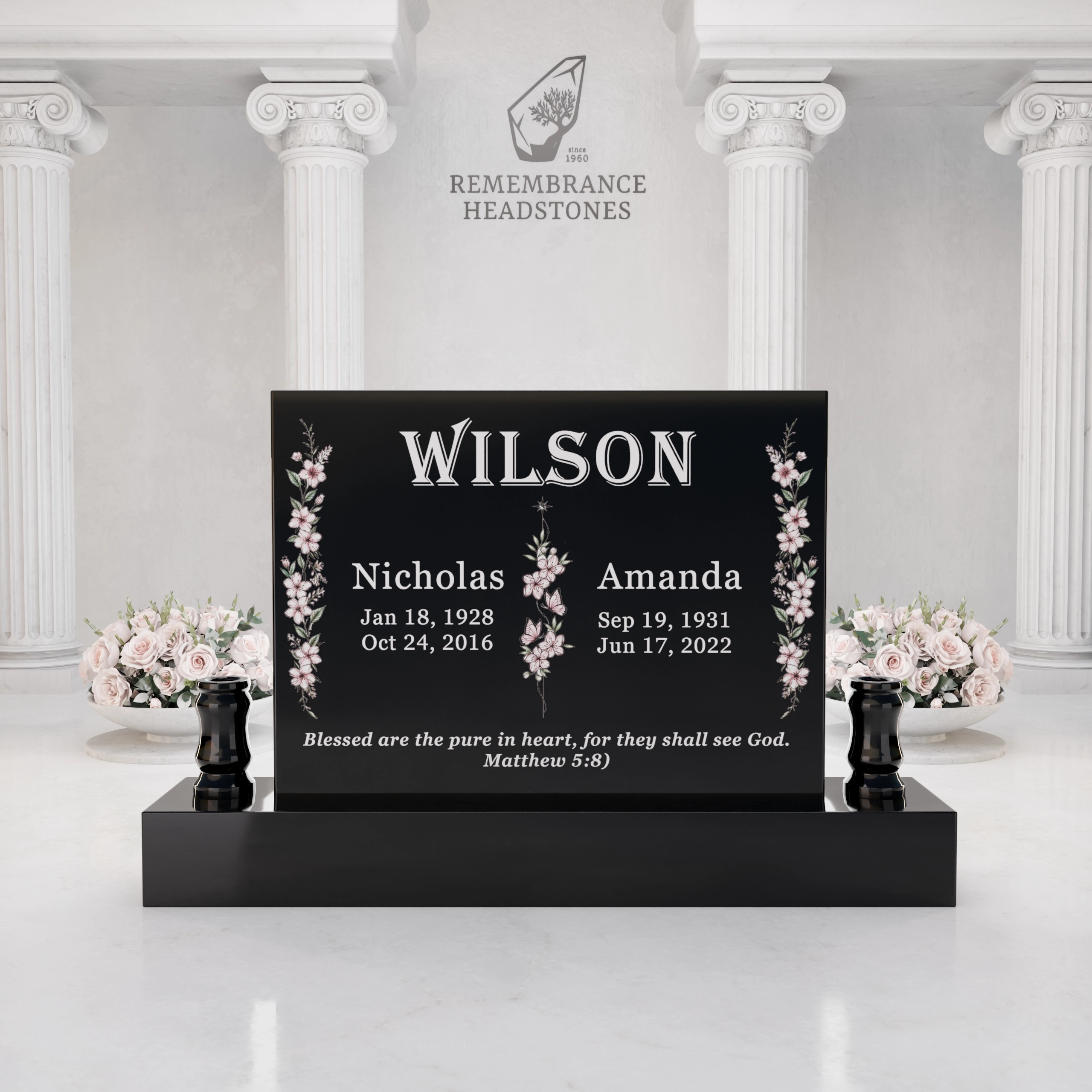 Premium Companion Granite Memorial with Floral Tribute