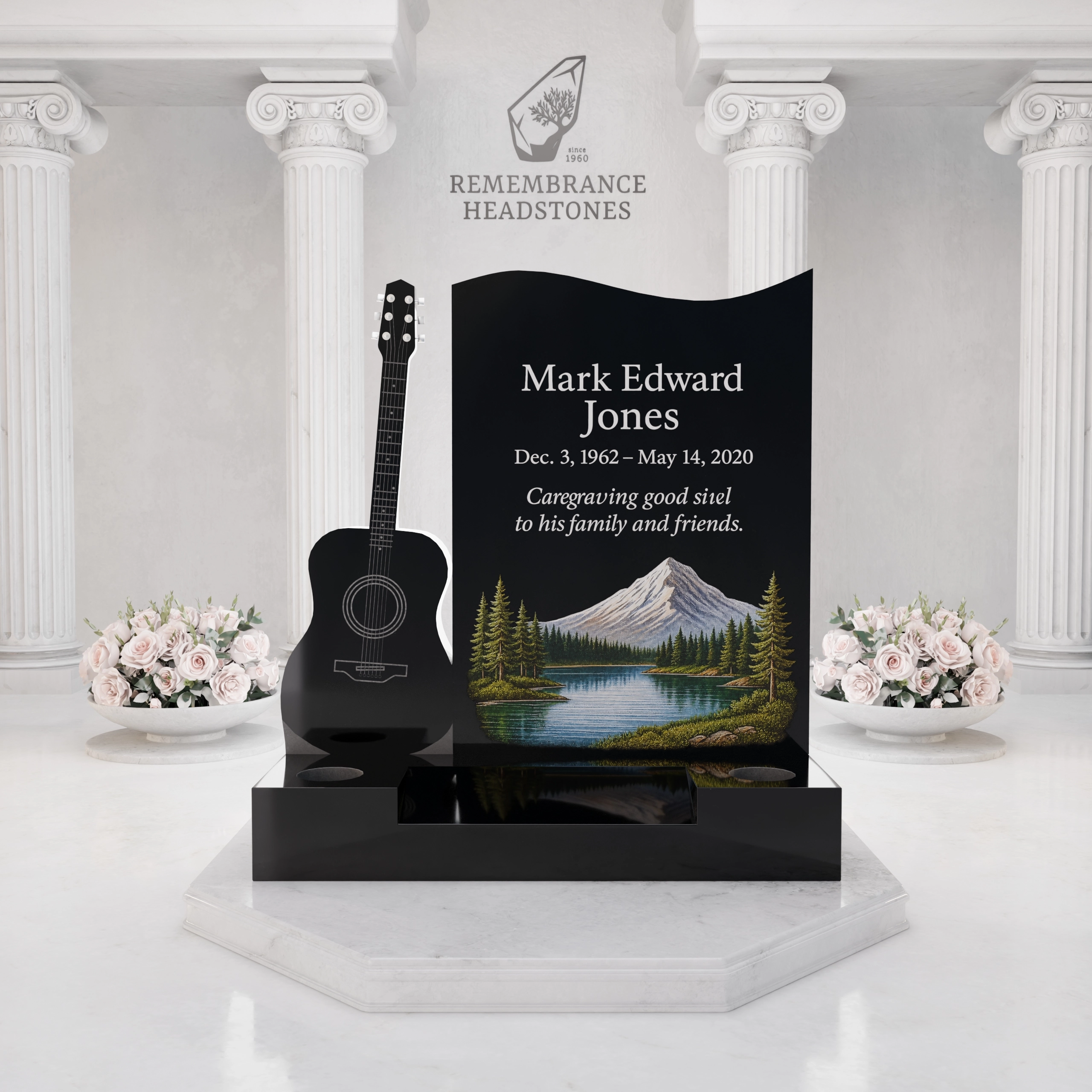 Luxury Upright Granite Headstone with Guitar Sculpture in Elite Artisan Granite