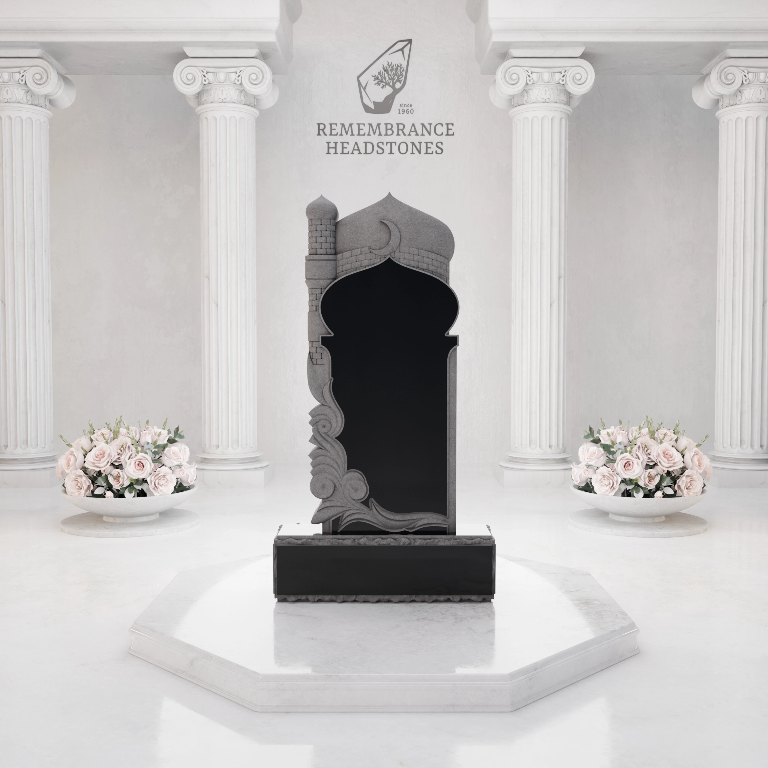 Luxury Upright Granite Headstone — Mosque-Arch with Minaret Relief view 3