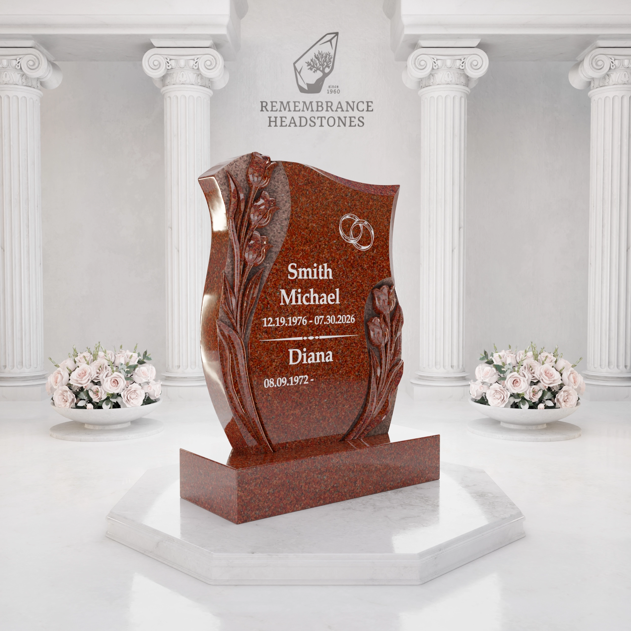 Luxury Companion Rose Carved Granite Headstone with Wedding Rings view 2