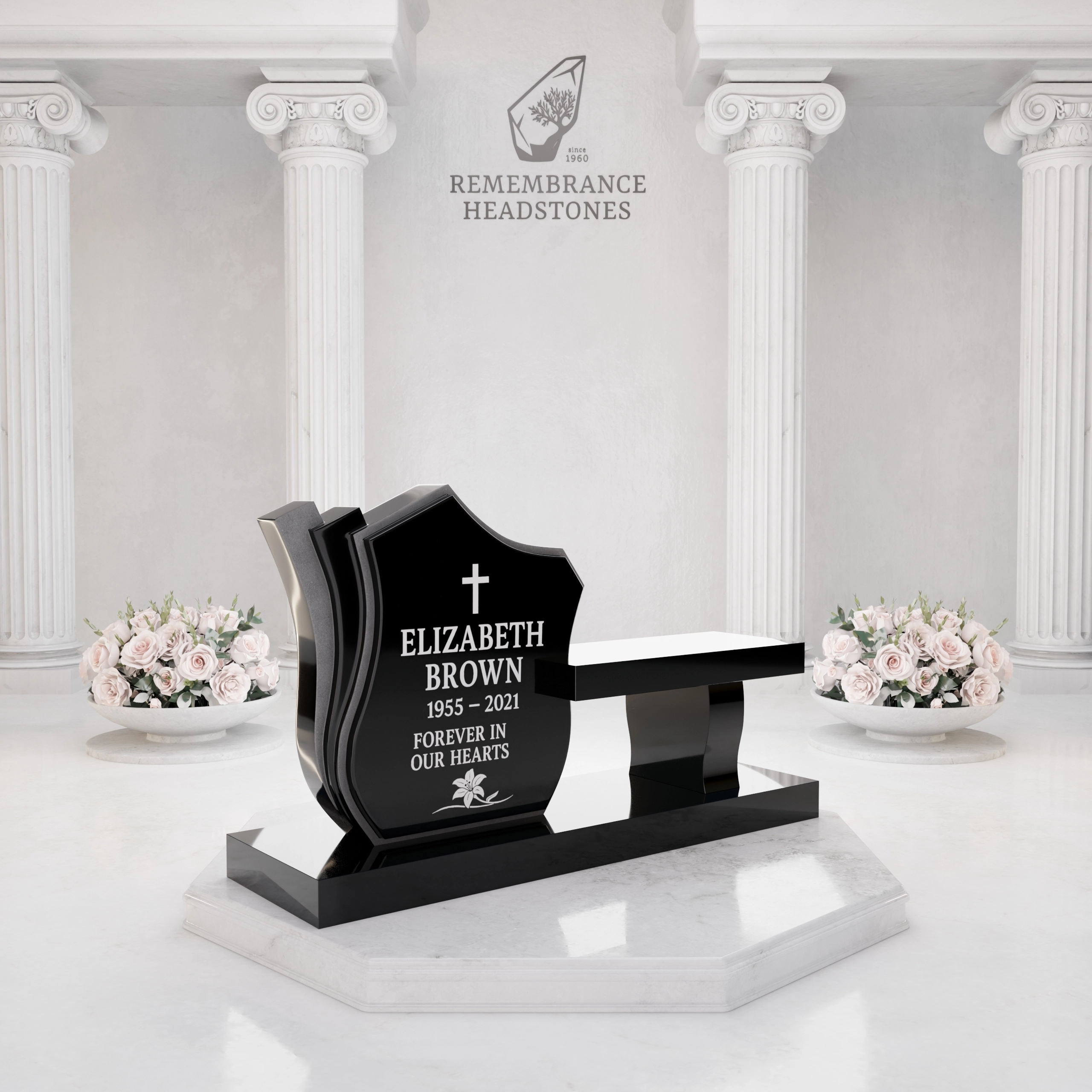 Luxury Granite Memorial Bench with Sculpted Shield Tablet & Floral Engraving view 2