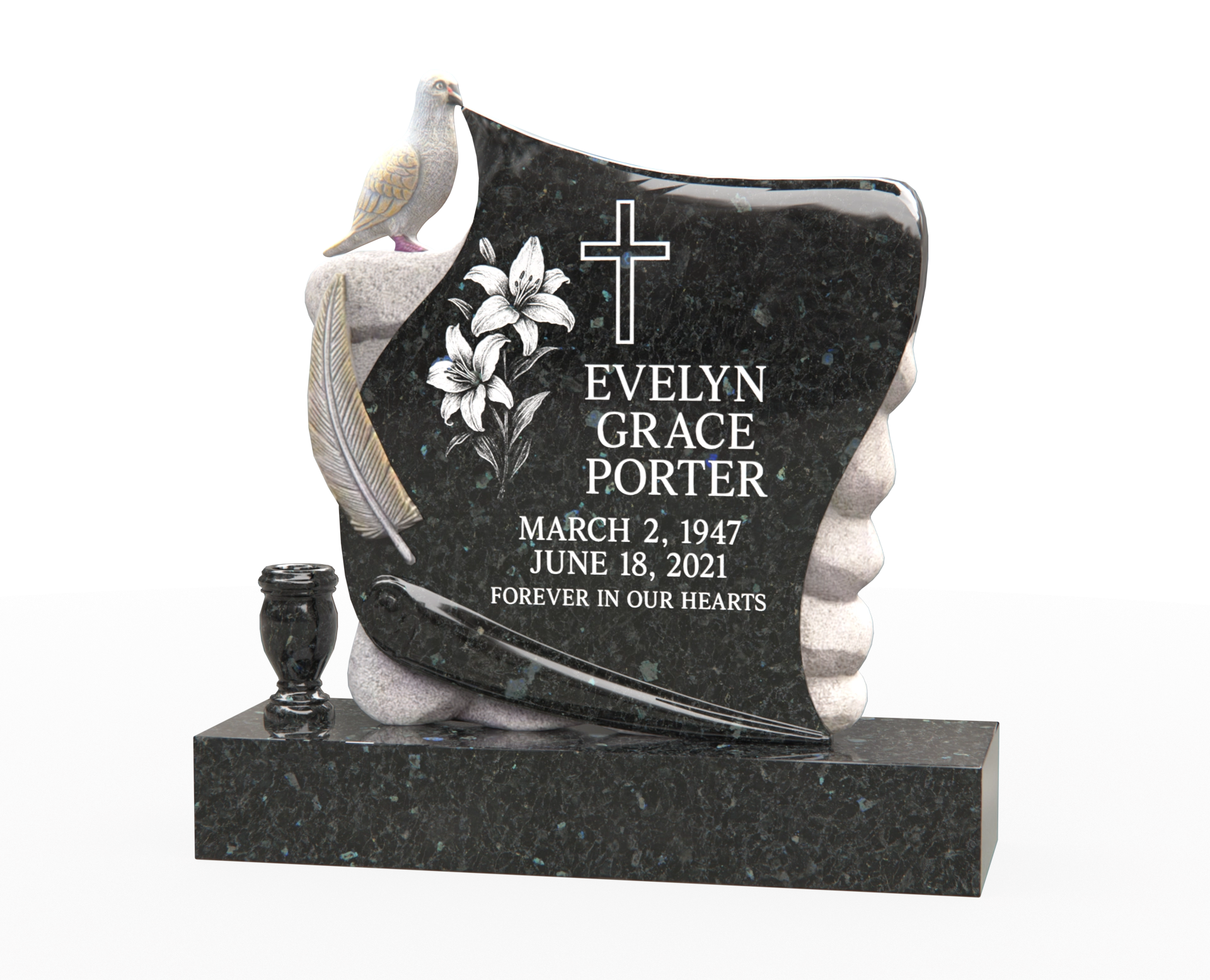 Luxury Upright Granite Monument — Sculpted Scroll with Dove, Cross & Lilies