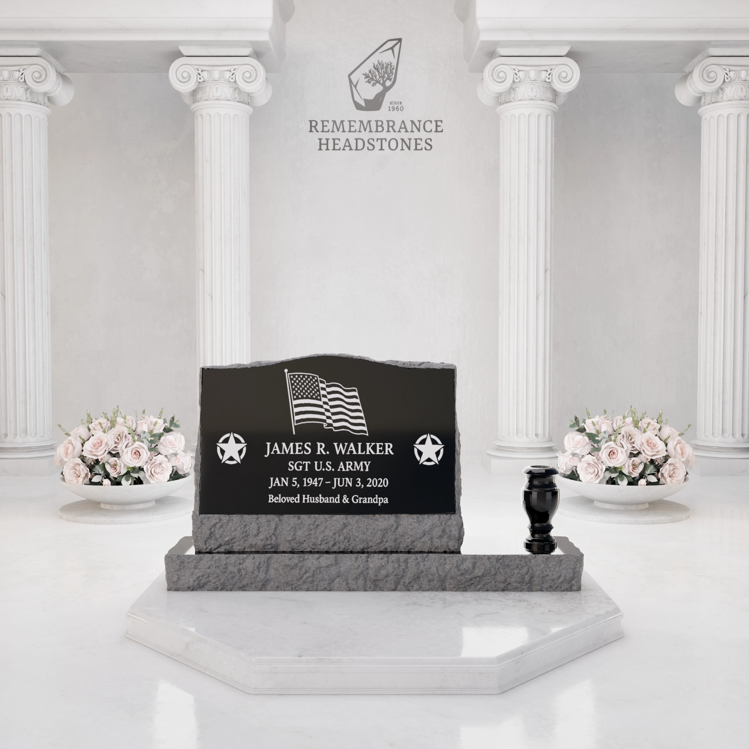 Premium Slant Granite Headstone with Rock-Pitched Edge, Rose Motif & Vase