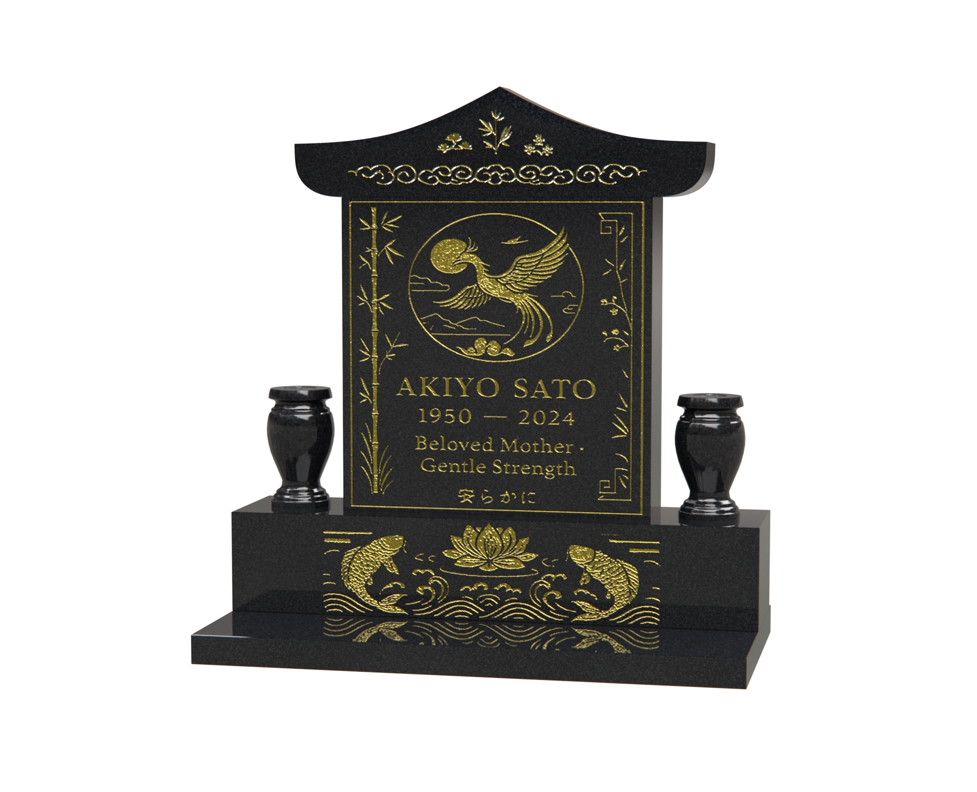 Lux Pagoda-Top Upright Granite Headstone with Phoenix & Lotus