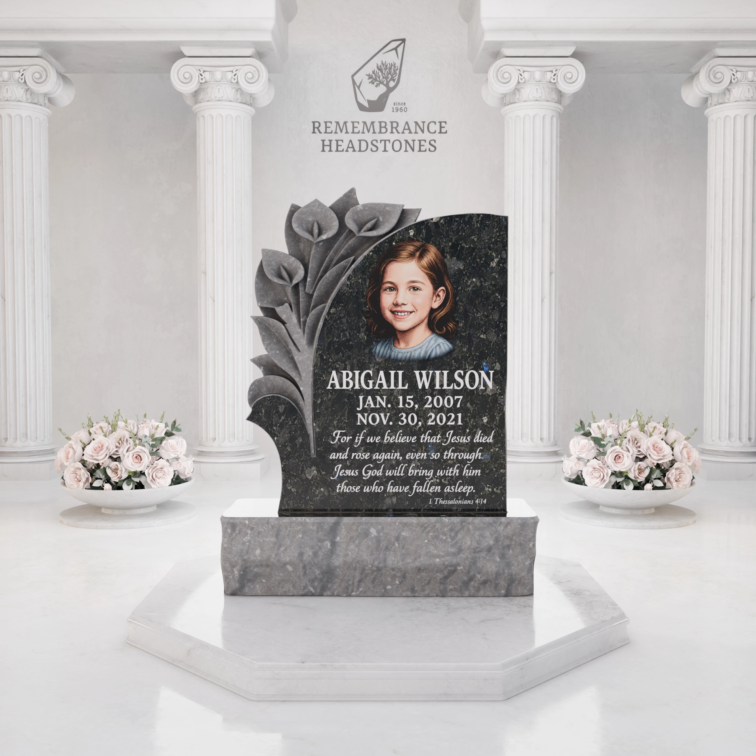 Luxury Child Calla Lily Granite Headstone with Portrait
