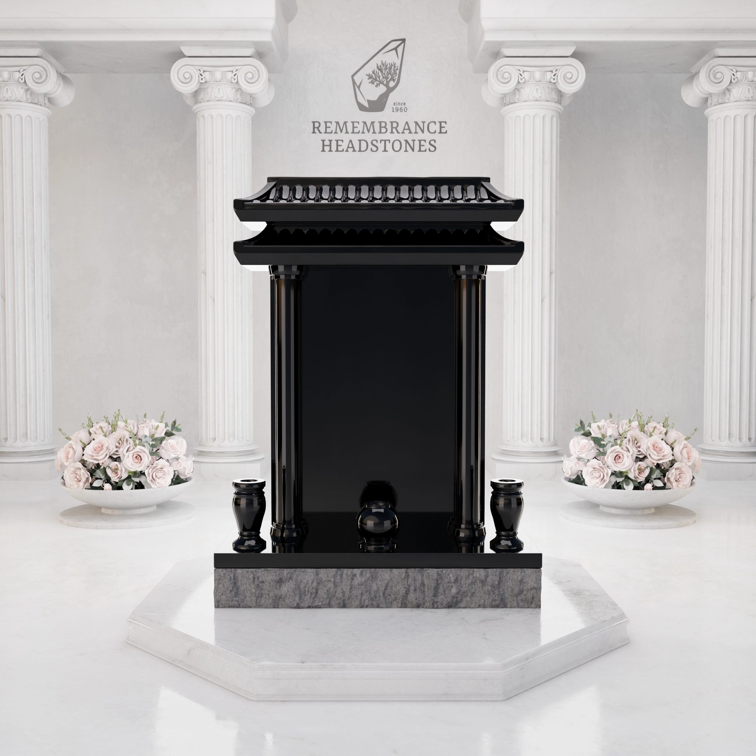 Luxury Asian Pavilion Granite Memorial with Crane Engravings view 3