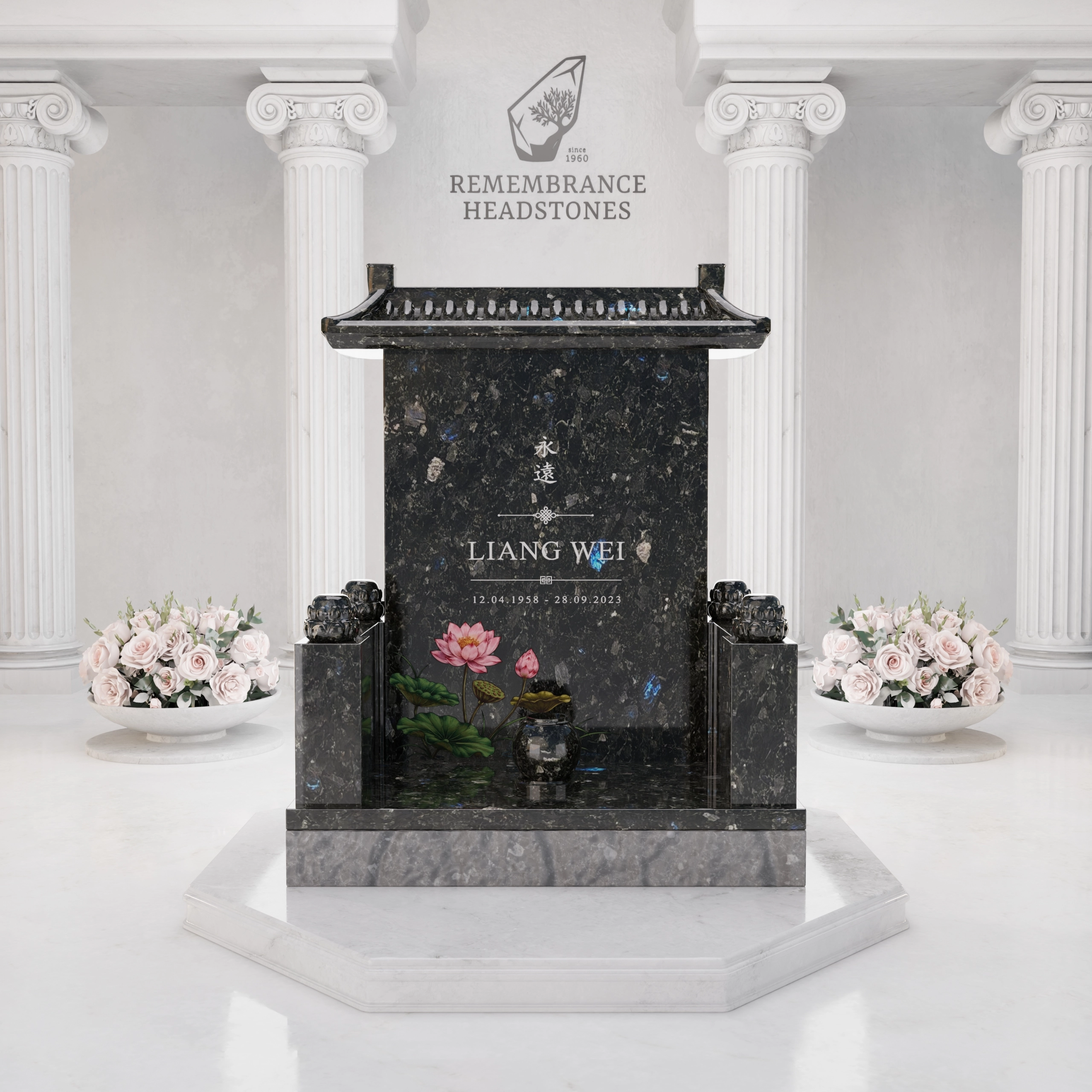 Luxury Asian Temple Roof Granite Memorial with Lotus Vase