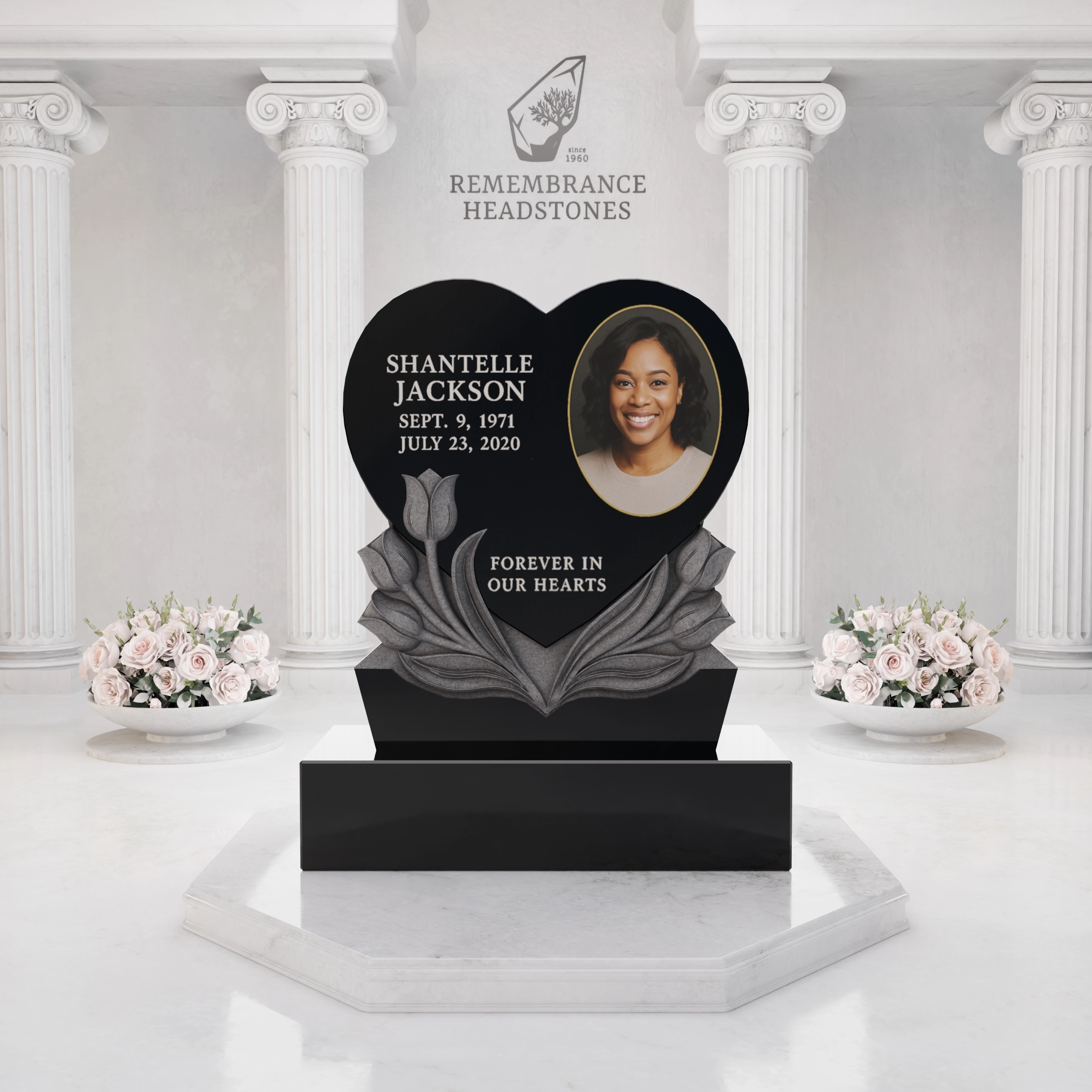Premium Heart Shape Memorial with Sculpted Tulips & Portrait Medallion