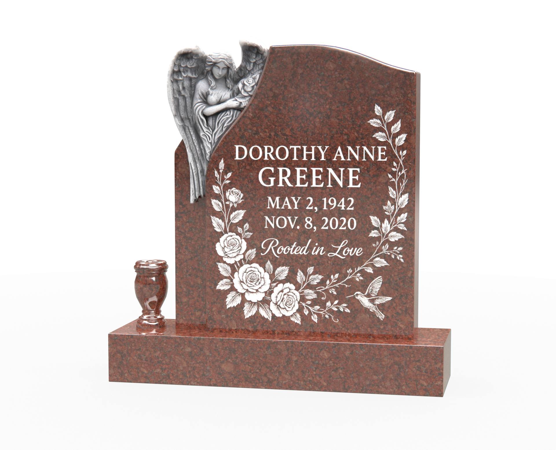 Luxury Upright Granite Headstone — Asymmetric Tablet with Guardian Angel & Rose Garland