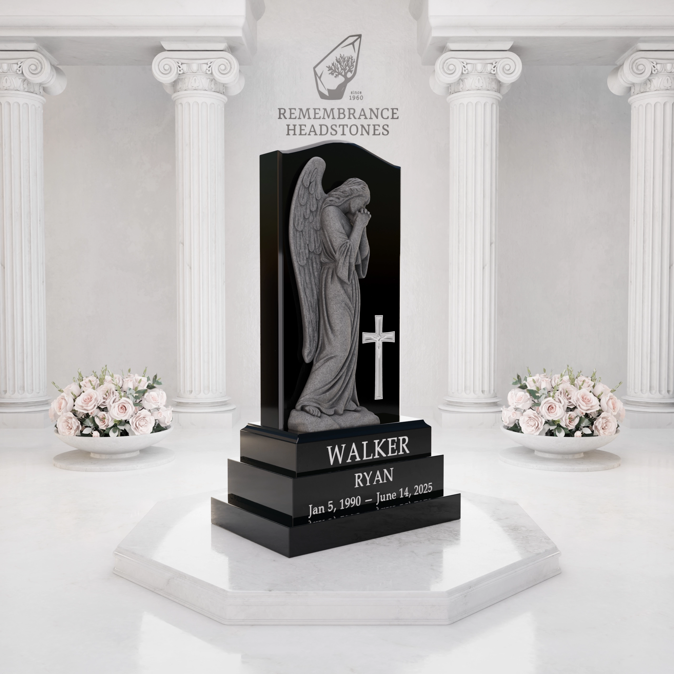 Luxury Praying Angel Granite Headstone with Cross Relief view 2