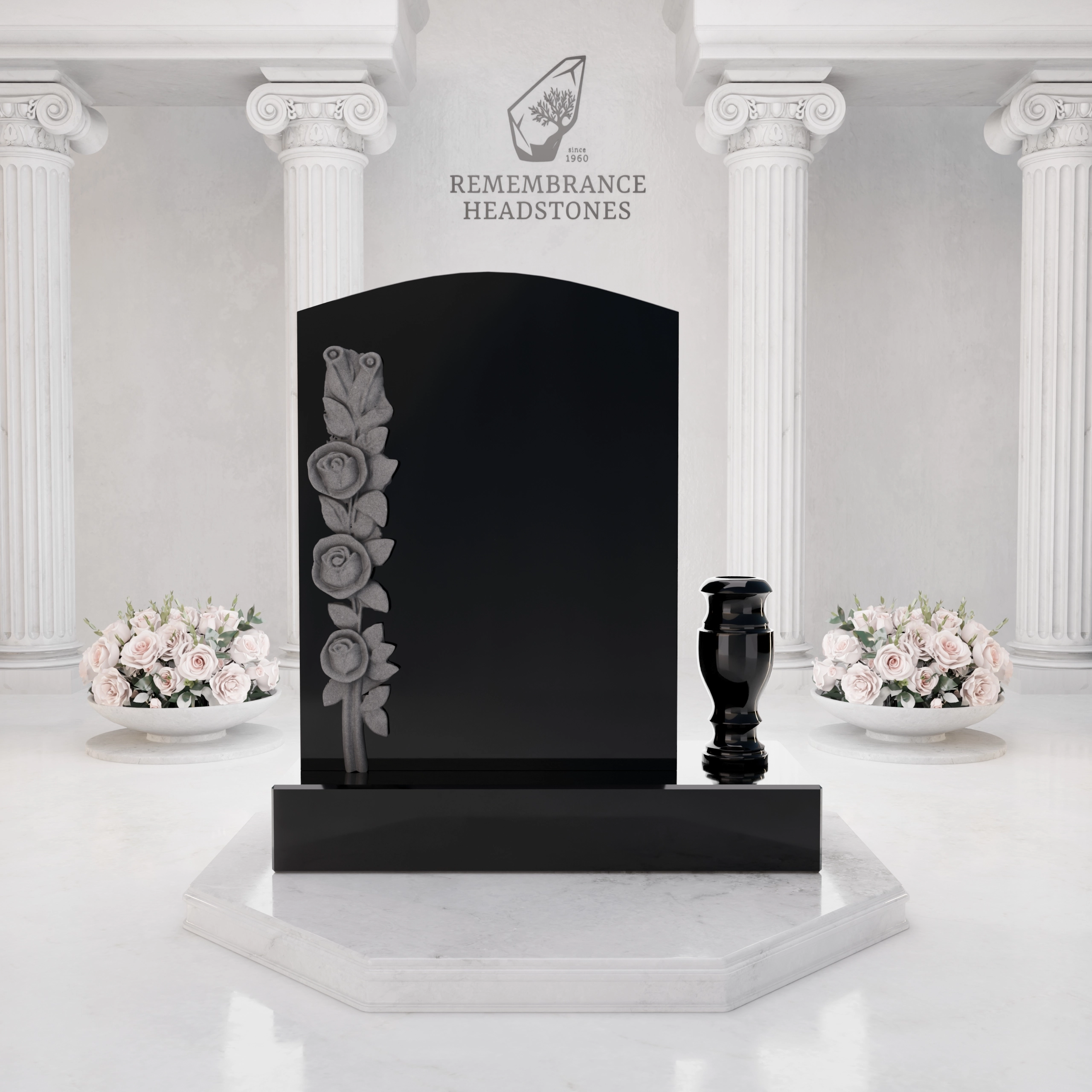 Luxury Upright Granite Headstone with Cross, Carved Roses & Vase view 3