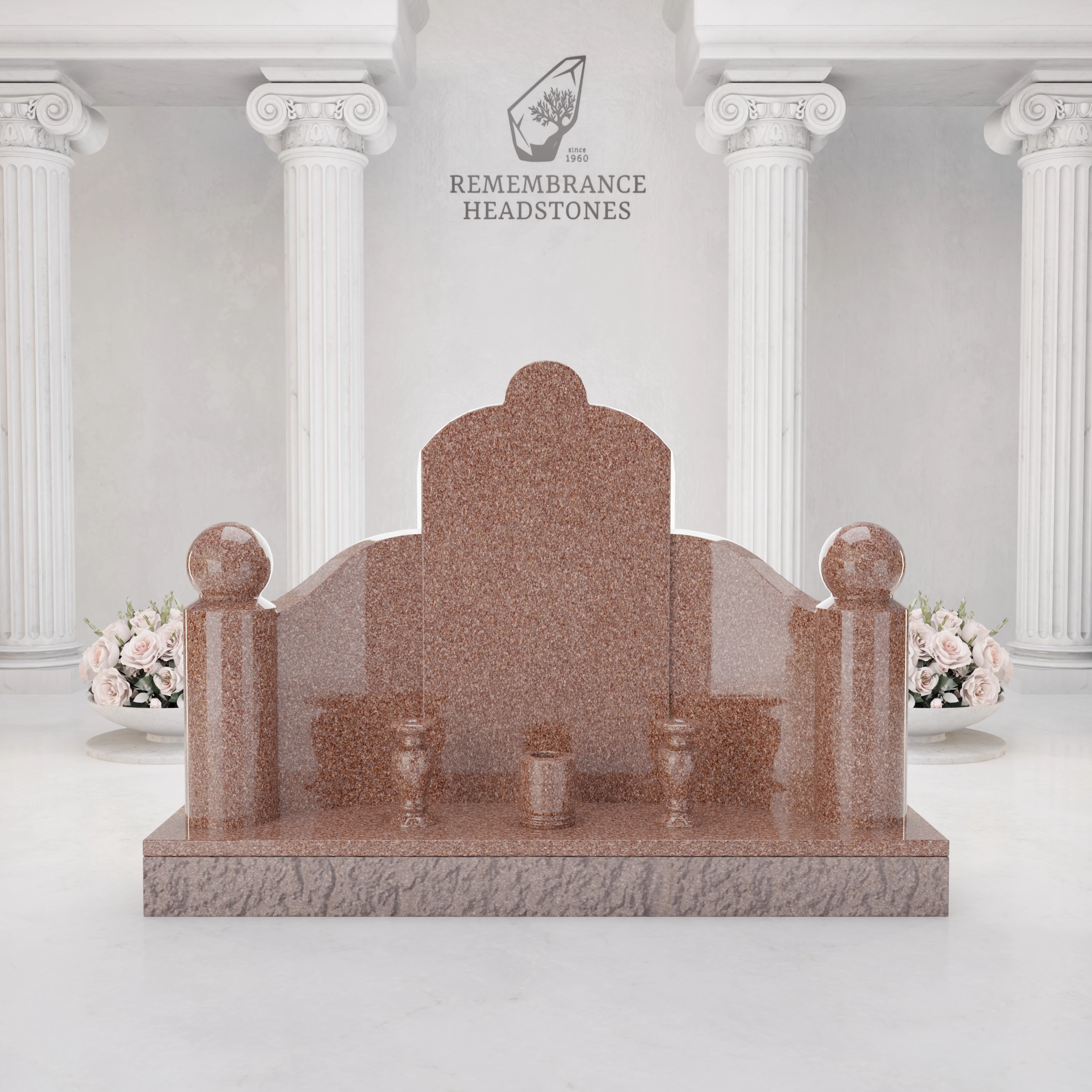 Luxury Asian Family Granite Memorial with Decorative Rail & Lantern Vases view 3