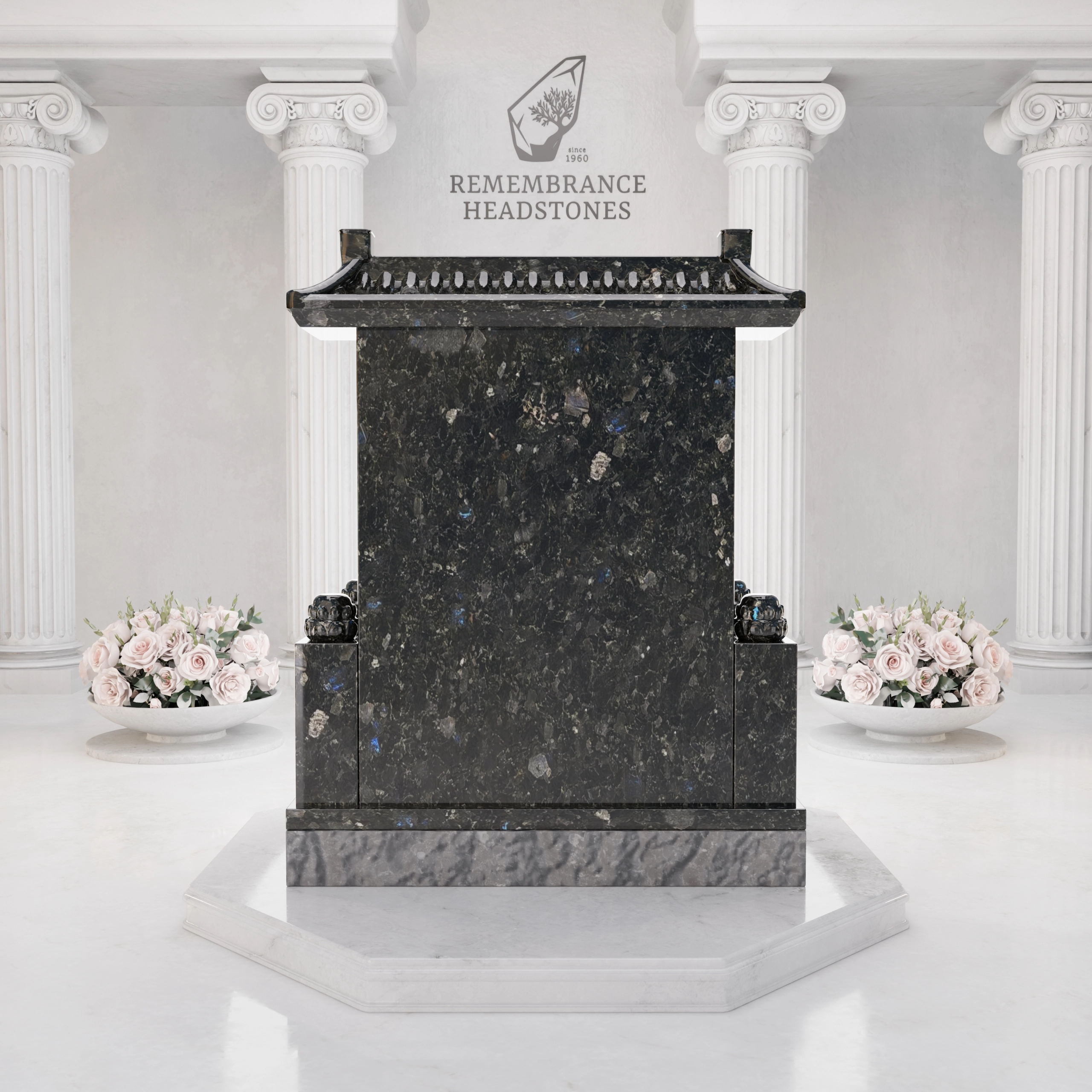 Luxury Asian Temple Roof Granite Memorial with Lotus Vase view 5