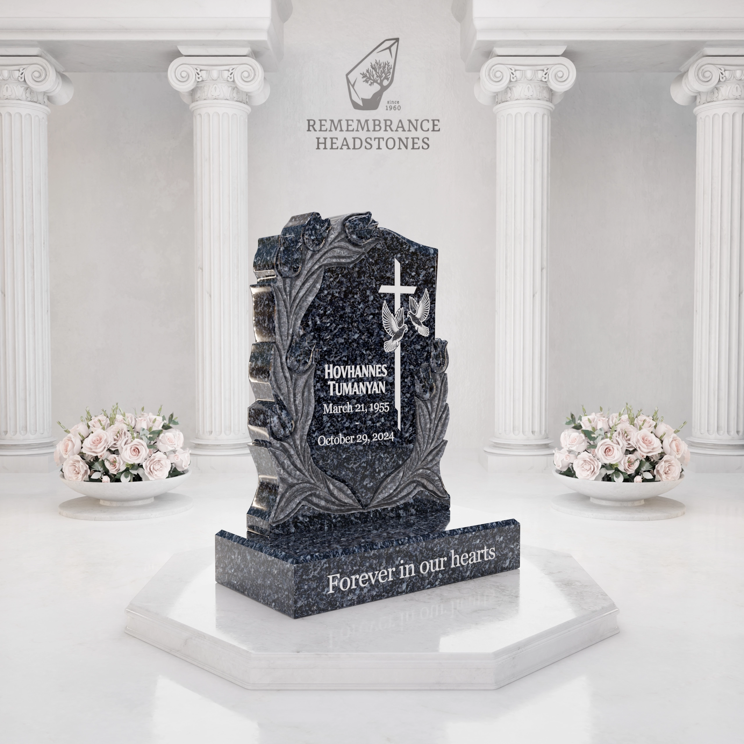 Luxury Floral Christian Granite Headstone with Cross & Doves view 2