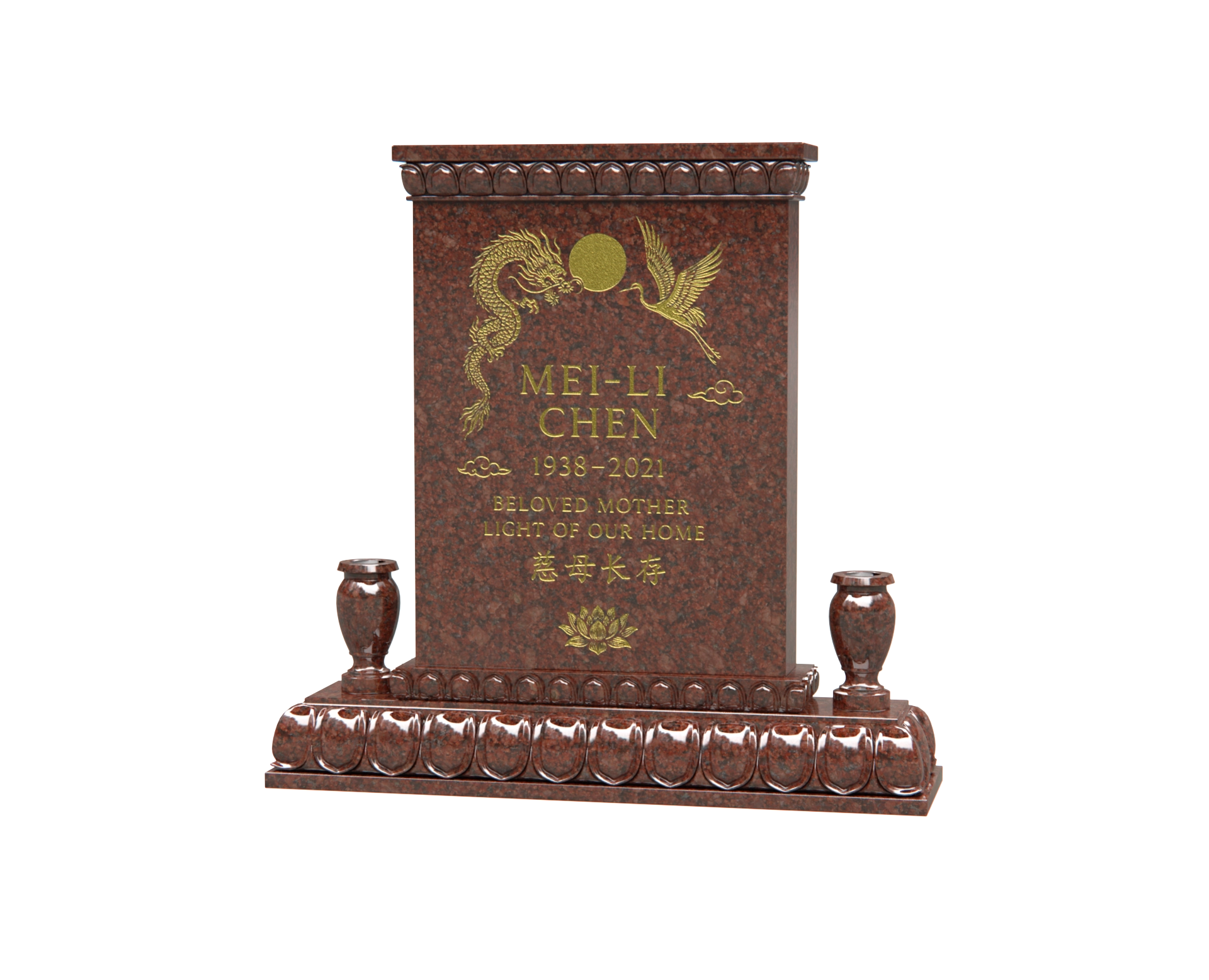 Lux Upright Granite Headstone with Asian Dragon & Phoenix Temple Base