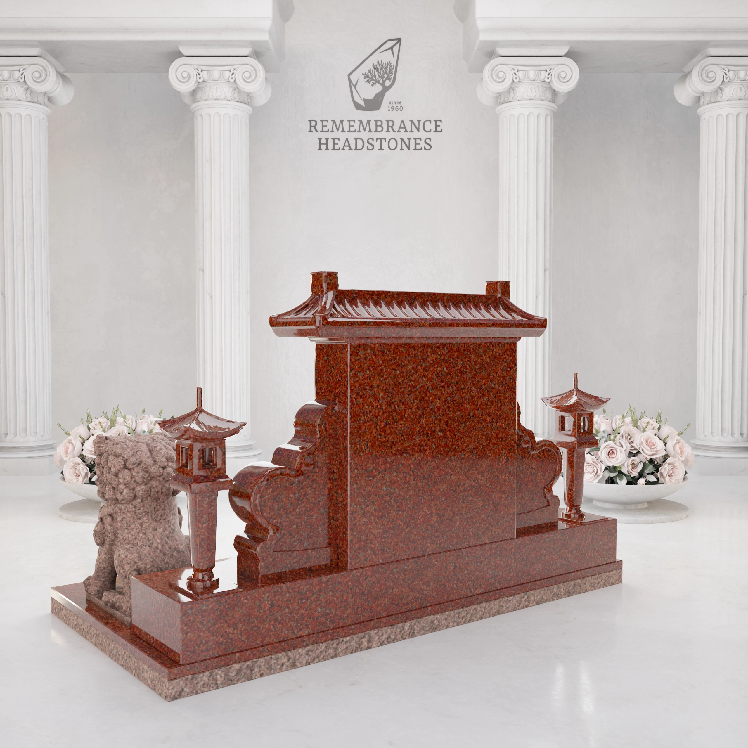 Luxury Chinese Guardian Lion Granite Memorial view 4