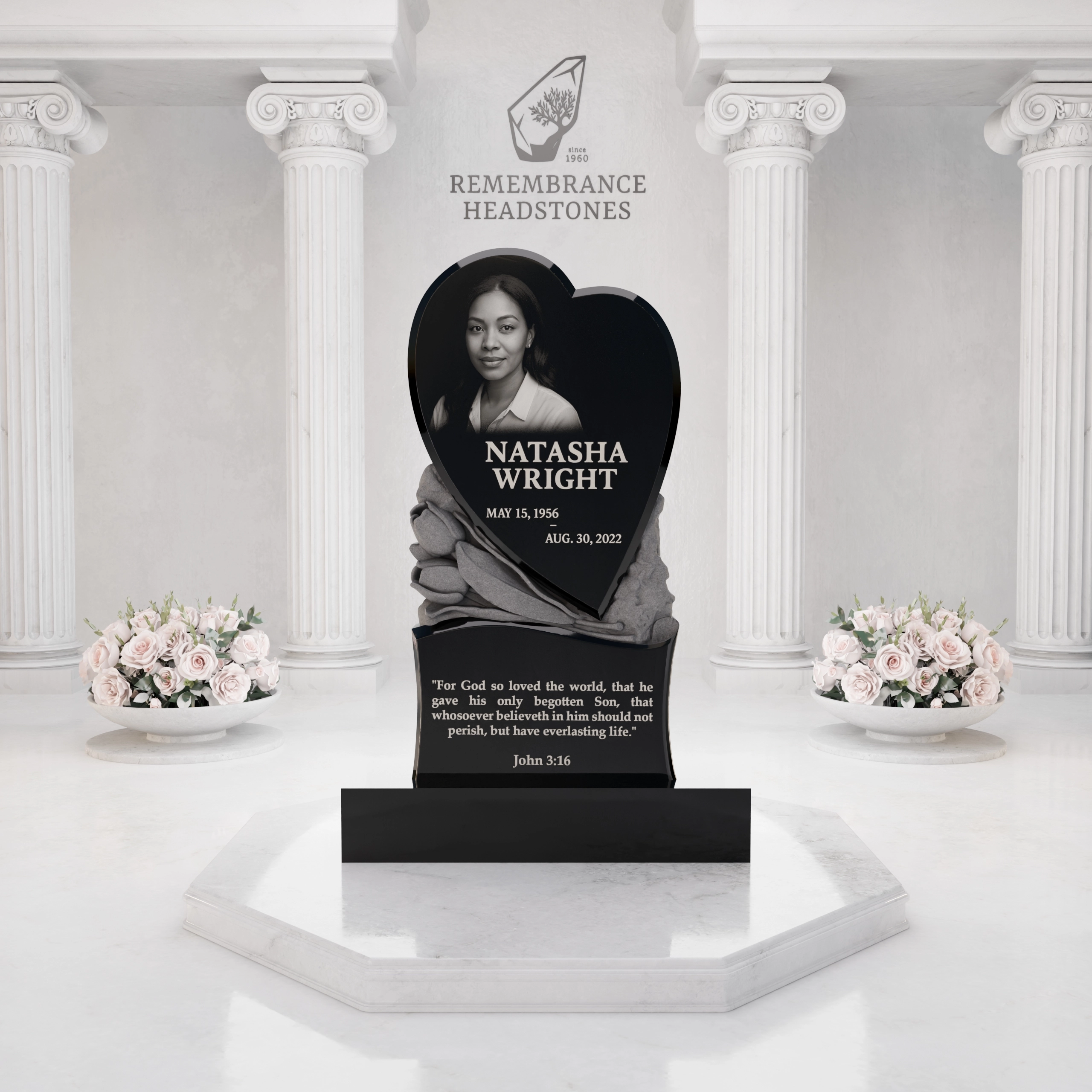 Premium Upright Granite Headstone — Sculpted Double-Heart on Draped Pedestal